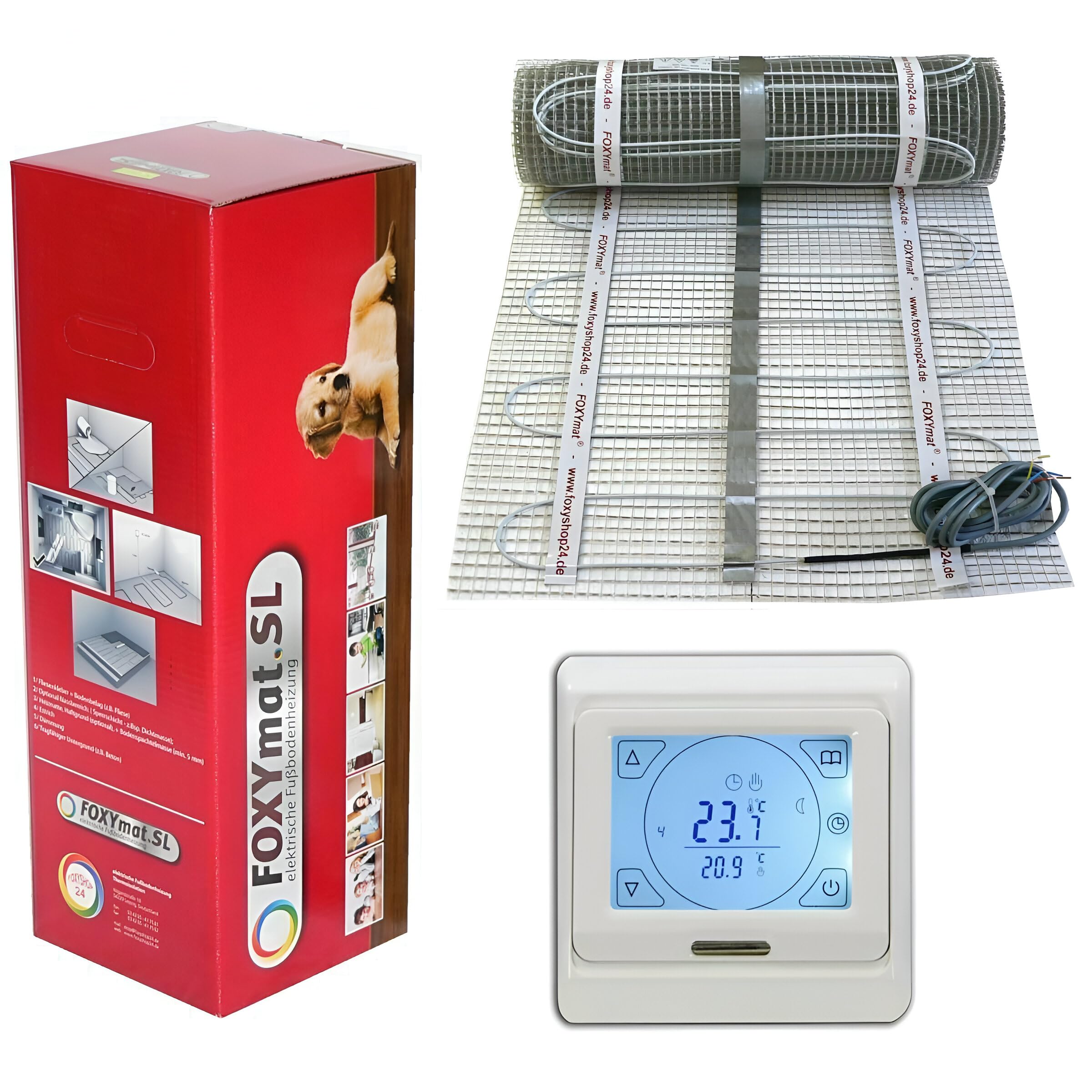 FOXYMAT.SL elektrische Fußbodenheizung, 1.5 m² (0.5m x 3m) | 160 Watt pro m², mit Thermostat QM-BLUE-TS