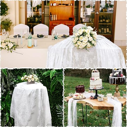 Miniatura 5 de Chumia Mantel rectangular de encaje de 60 x 120 pulgadas, mantel rústico superpuesto con rosa bordado vintage para boda, recepción, fiesta,