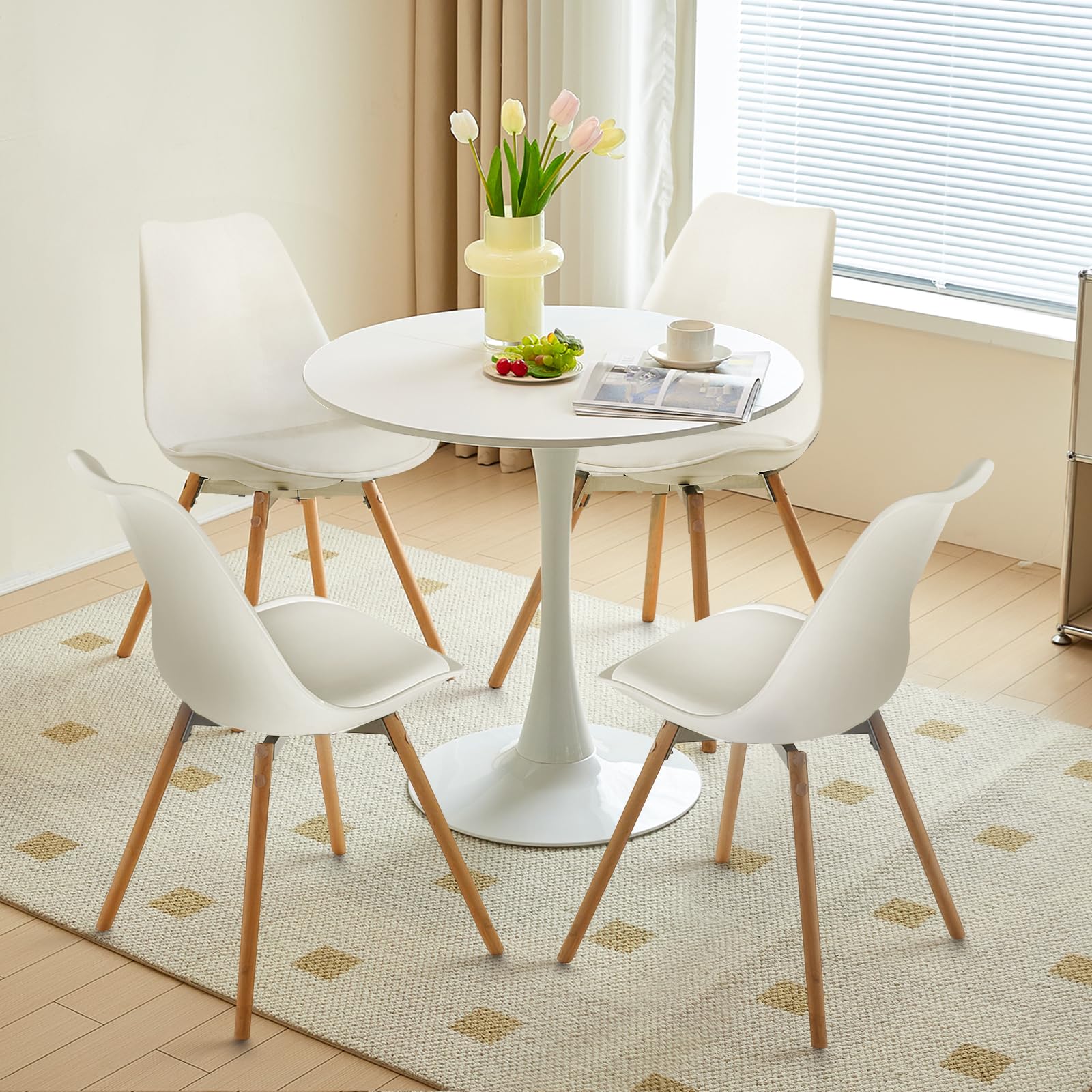 Table Noire Ronde + 4 Chaises Scandinaves Roses - Ensemble Pour Salle à