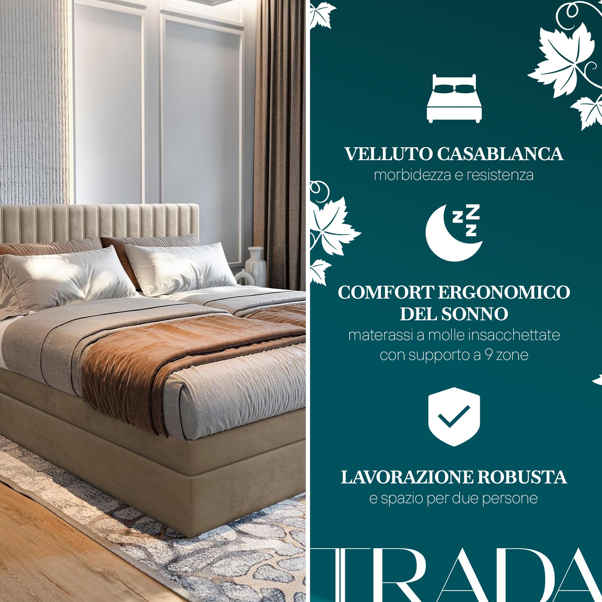 TRADA Letto Contenitore Matrimoniale ADELE, 200x200cm, Beige | Letto Elettrico con Materasso + Tooper e Contenitore - Rivestimento In Tessuto Velour