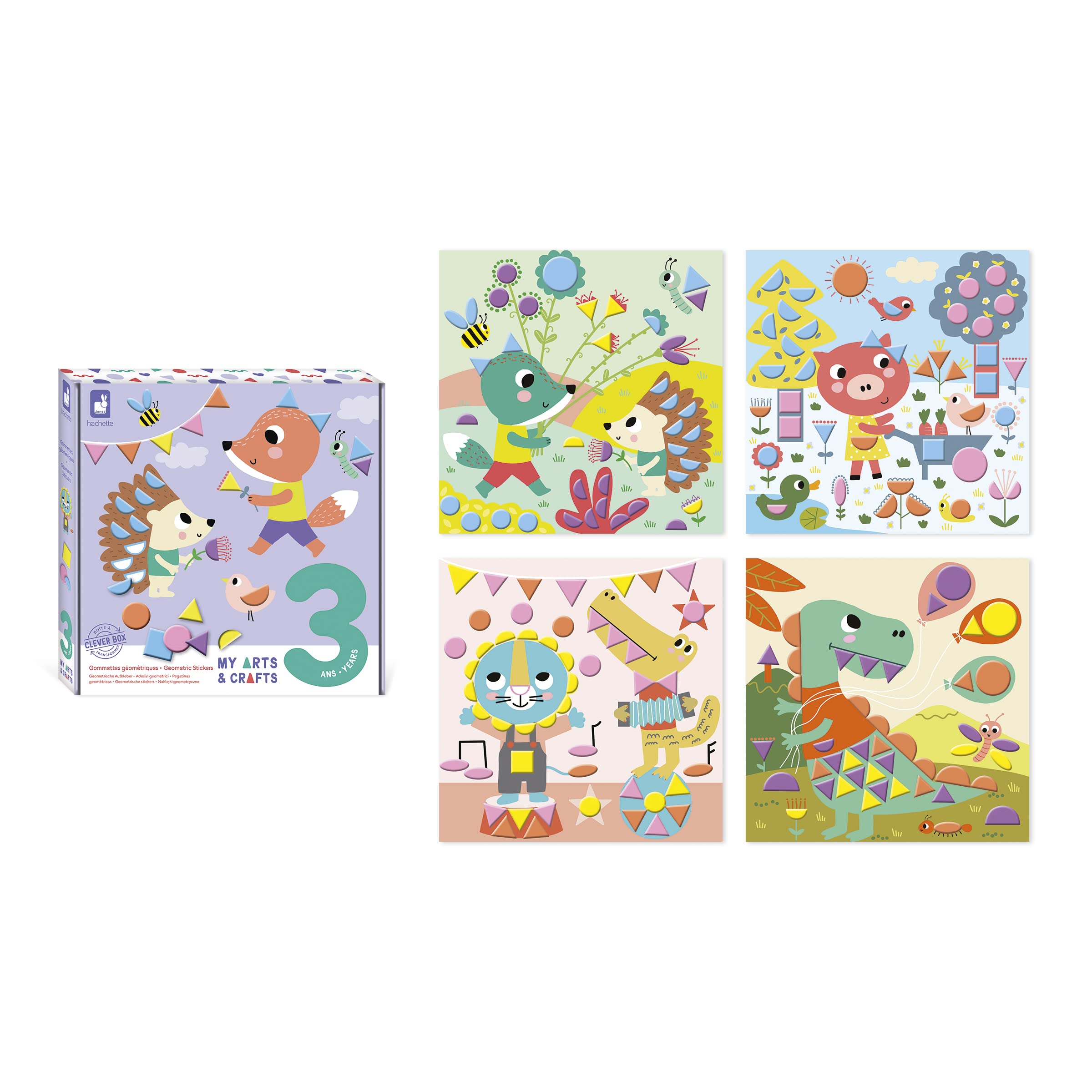 JANOD - My Arts & Crafts - Od 3 lat - Geometryczne naklejki - 4 obrazy - Zestaw do kreatywnego spędzania wolnego czasu dla dzieci - Nauka umiejętności motorycznych i koncentracji - J07740