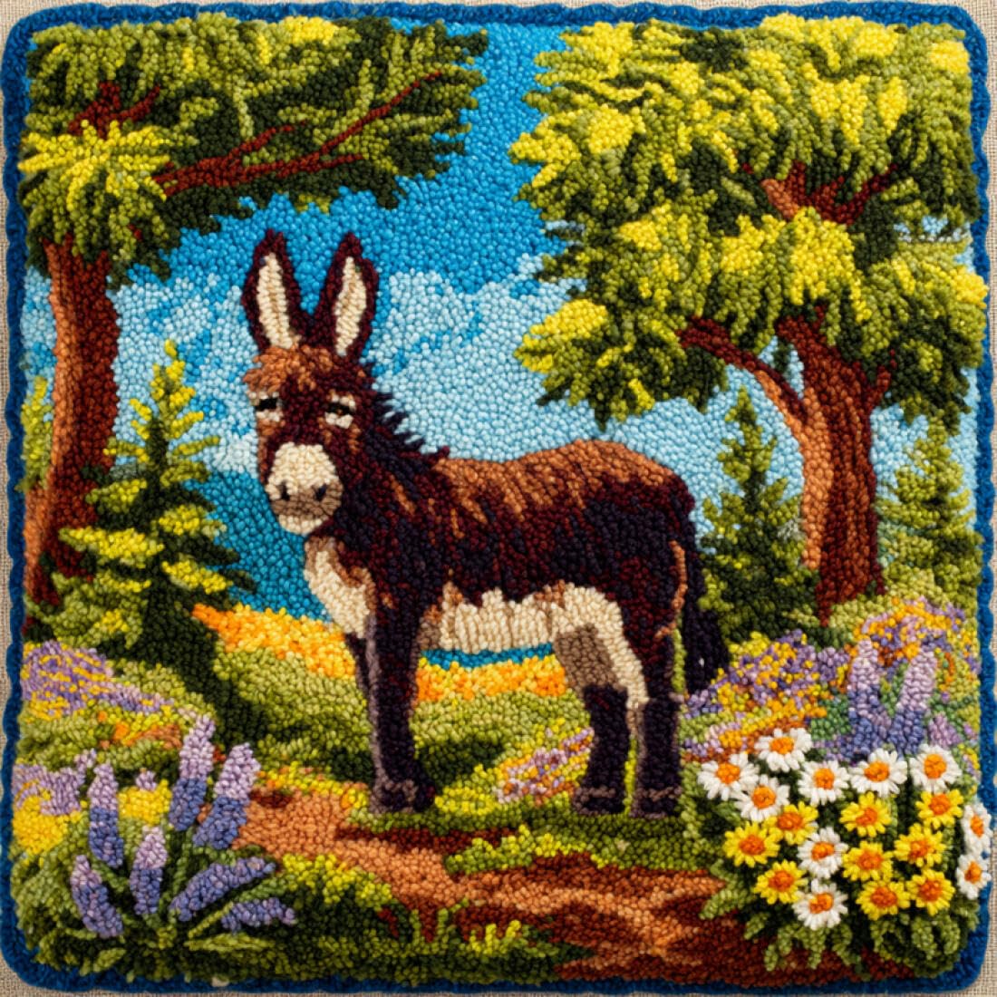 Kitquiver Animal Cushion Making Kit Cartoon Donkey DIY Latch Hook Kits Pillow Needlepoint Cushion Kit for Home Décor Needlework Set for Adult Beginners 17x17In