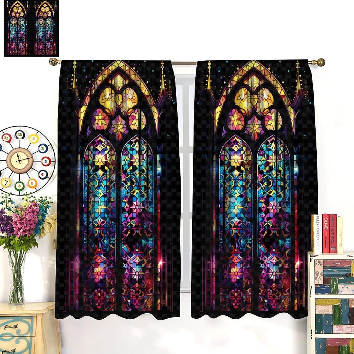 Stained Glass Curtains, Mid Century Colorful Abstract Geometry Vintage Window Treatments for Bedroom Living Room Kitchen Home 2 Panel, 63x72 Inch