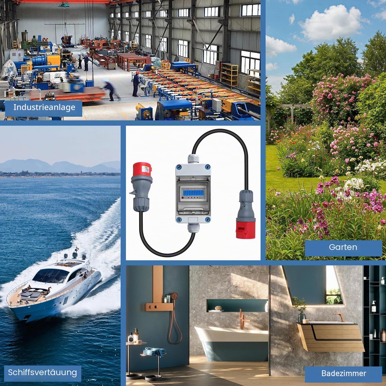 CPROSP 3 Phasen Mobiler Stromzähler 16A 400V, Digitaler Stromzähler Mit CEE Stecker und Kupplung, Drehstromzähler Mit Rückstellfunktion, 3m Kabel, für Wohnwagen, Elektrofahrzeuge, Camping, IP65