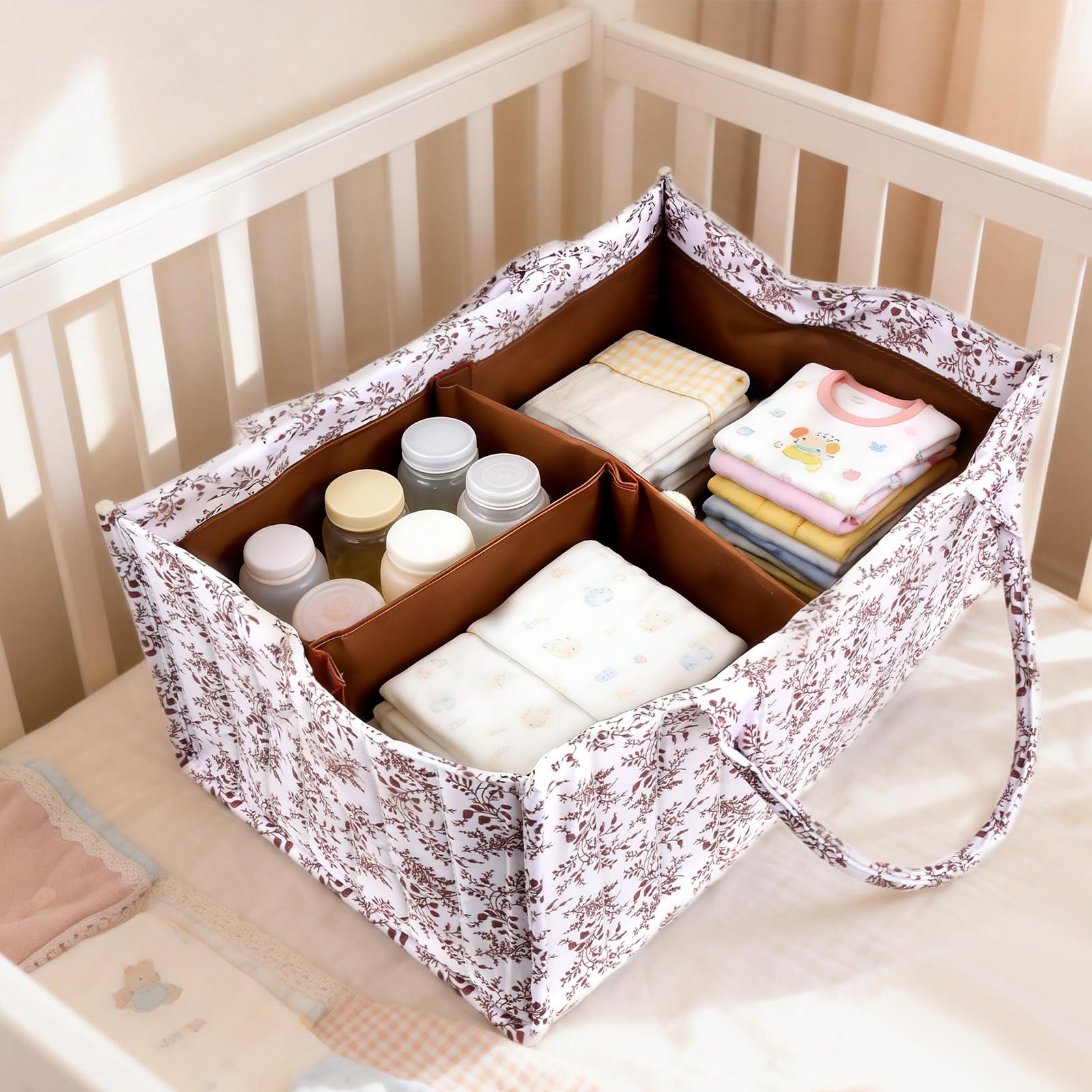 Organiseur de Couches pour Bébé – Panier de Rangement Élégant pour les Essentiels de Nouveau-né, Cadeau de Fête Prénatale pour Fille ou Garçon, Marguerite Pastorale