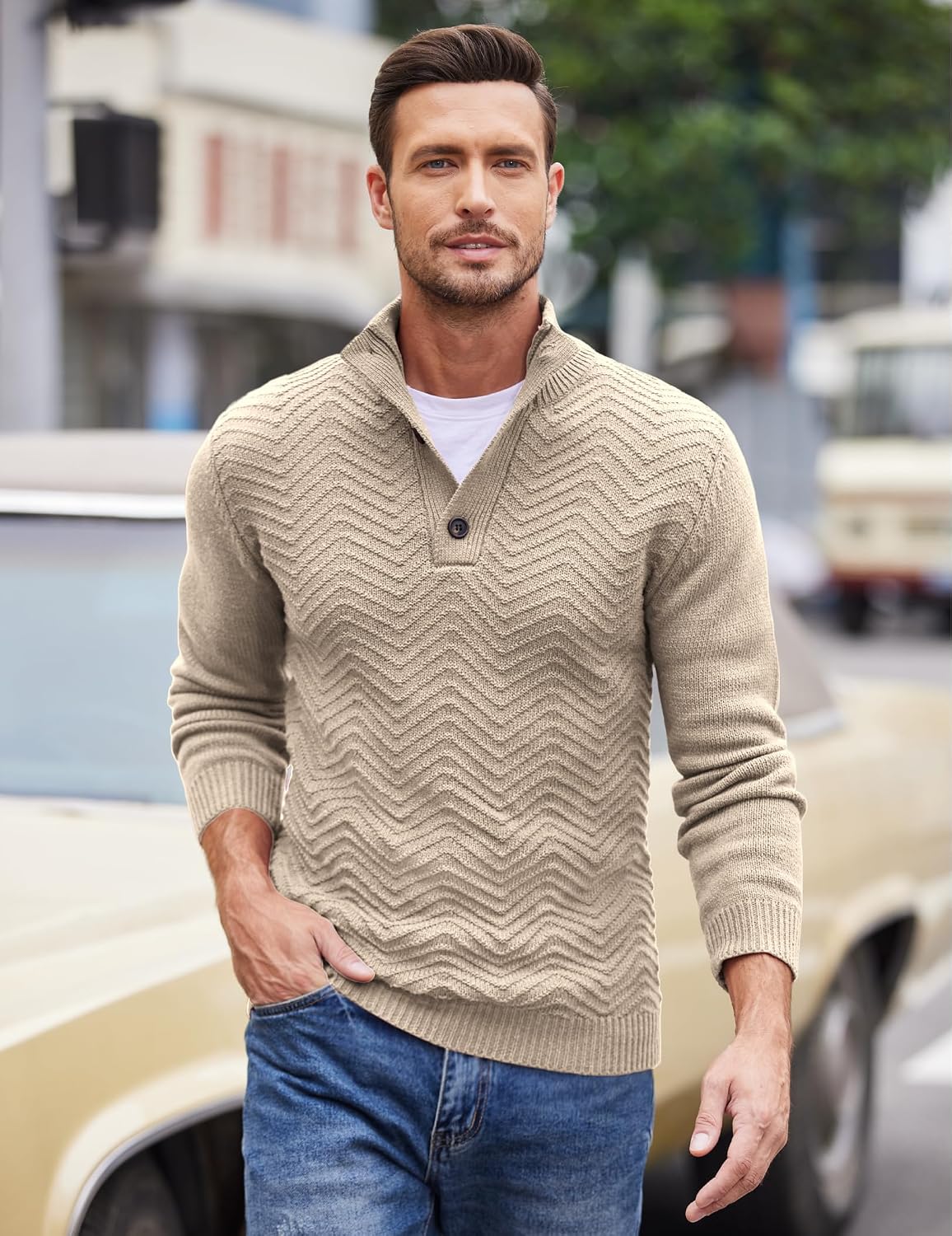 COOFANDY Men Quarter Button Sweater Pullover Cable Knit Henley Mock Neck Sweater