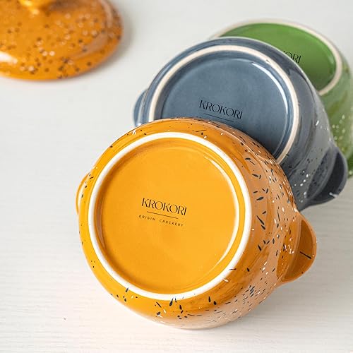 Miniatura 7 de Juego de 4 mini cocotte de cerámica para horno, cacerolas pequeñas de 10 onzas con asas y tapa, olla individual para soufflé, sopa, cobbler, moldes