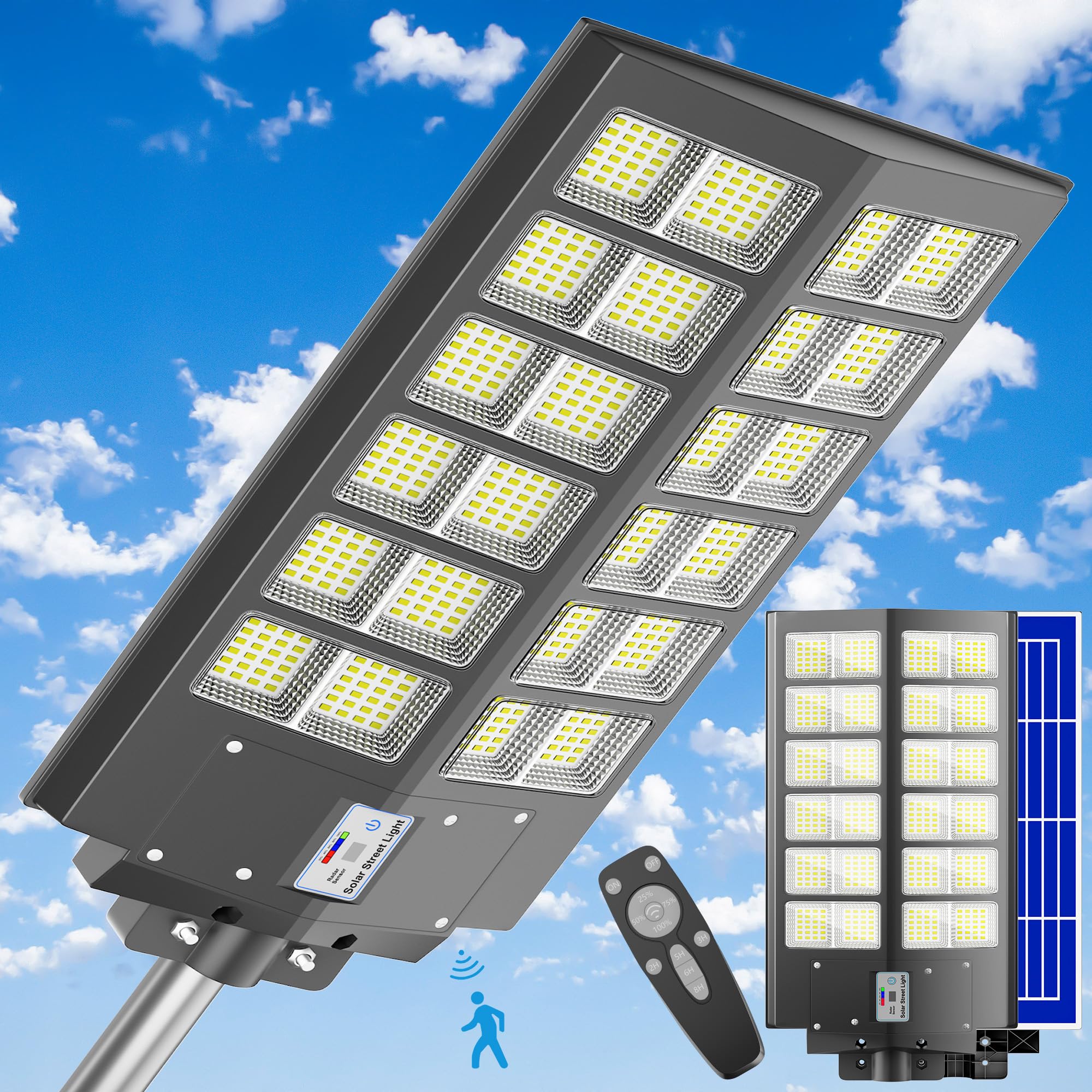 XCQMHF Solar Street Light Dusk to Dawn 7500W, 600000LM, 7000K Brightness, IP67 Waterproof, Motion Sensor, Lights Outdoor Street Light for Security and Safety (7500W-1Pack)