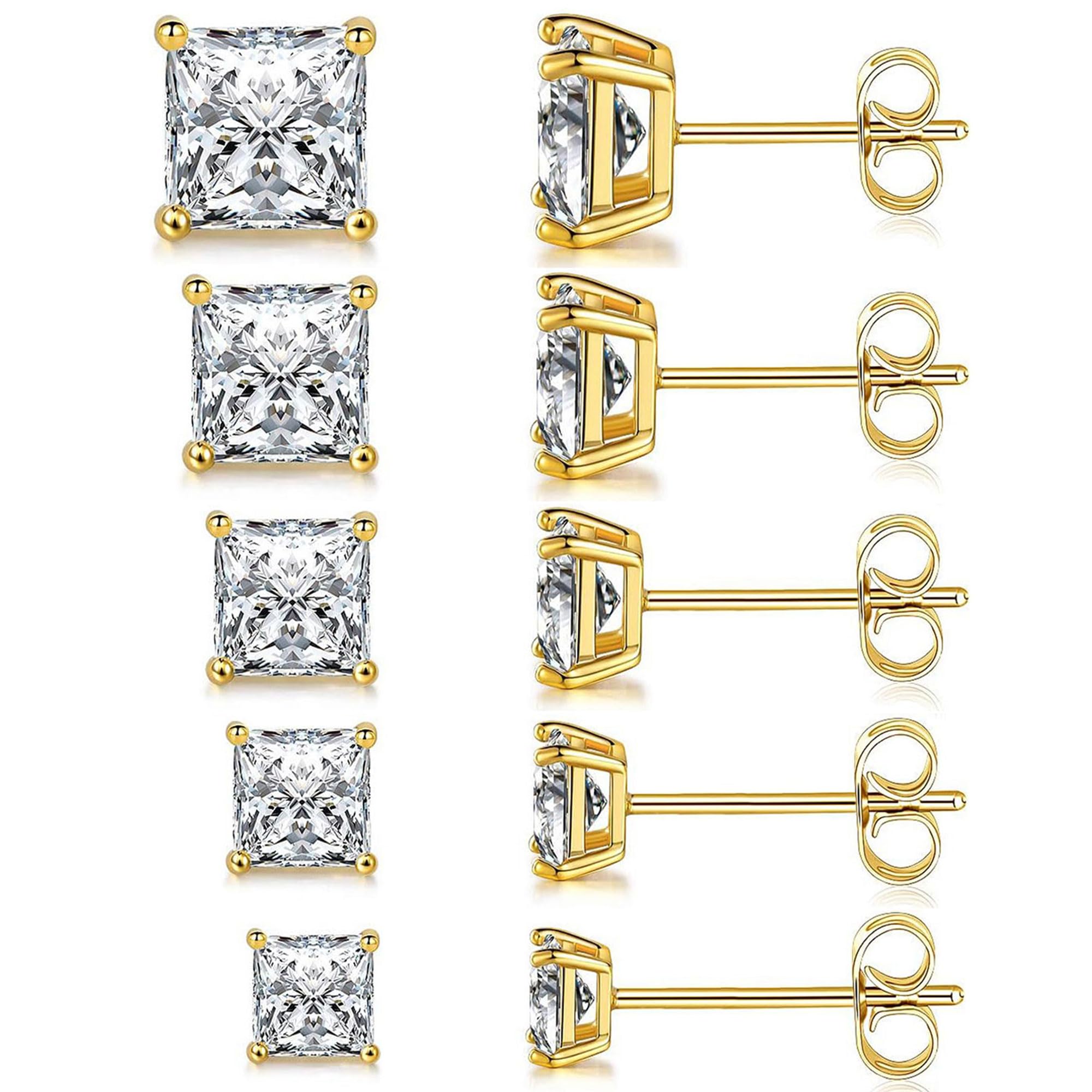MDFUN 5 Pairs 316L Stainless Steel Earrings Set 3-7MM Hypoallergenic Princess Cut Cubic Zirconia Square Stud Earring Jewelry for Women and Men