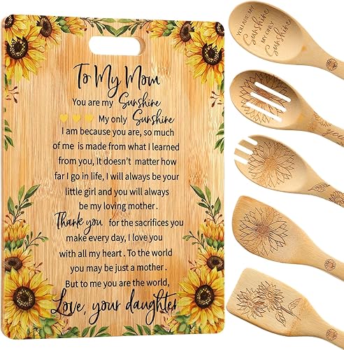 Regalos para mamá, cumpleaños, tabla de cortar de girasol con juego de utensilios para madre de hija e hijo, regalo para el día de la madre