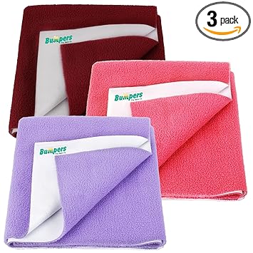 Bumpers Anti-Piling Quick Dry & Absorbent Sheet Polycotton Baby Bed Protecting Waterproof Mat (Violet, Salmon Rose, Maroon, Small (70 x 50cm), Pack of 3) - image, photos