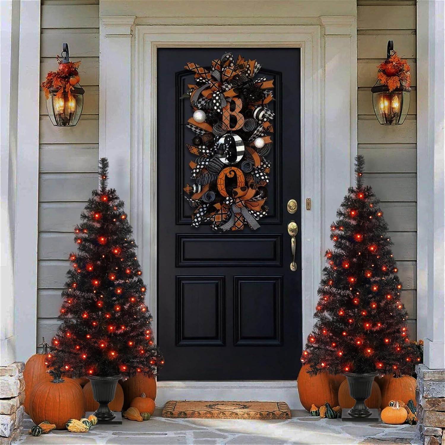 Prelit Black Halloween Christmas Tree 2-Pack 4FT Artificial Potted Halloween Tree with 100 Orange LEDs Battery Powered & 8 Lighting Modes for Halloween Porch Entrance Decorations Black Trees, Orange Led