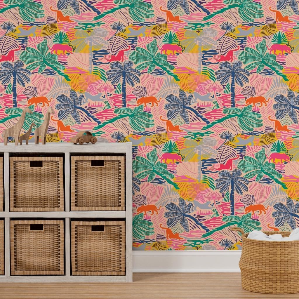 Spoonflower Peel & Stick Wallpaper 3ft x 2ft - Jungle Colorful Abstract Plants Maximalist Tropical Cats Custom Removable Wallpaper
