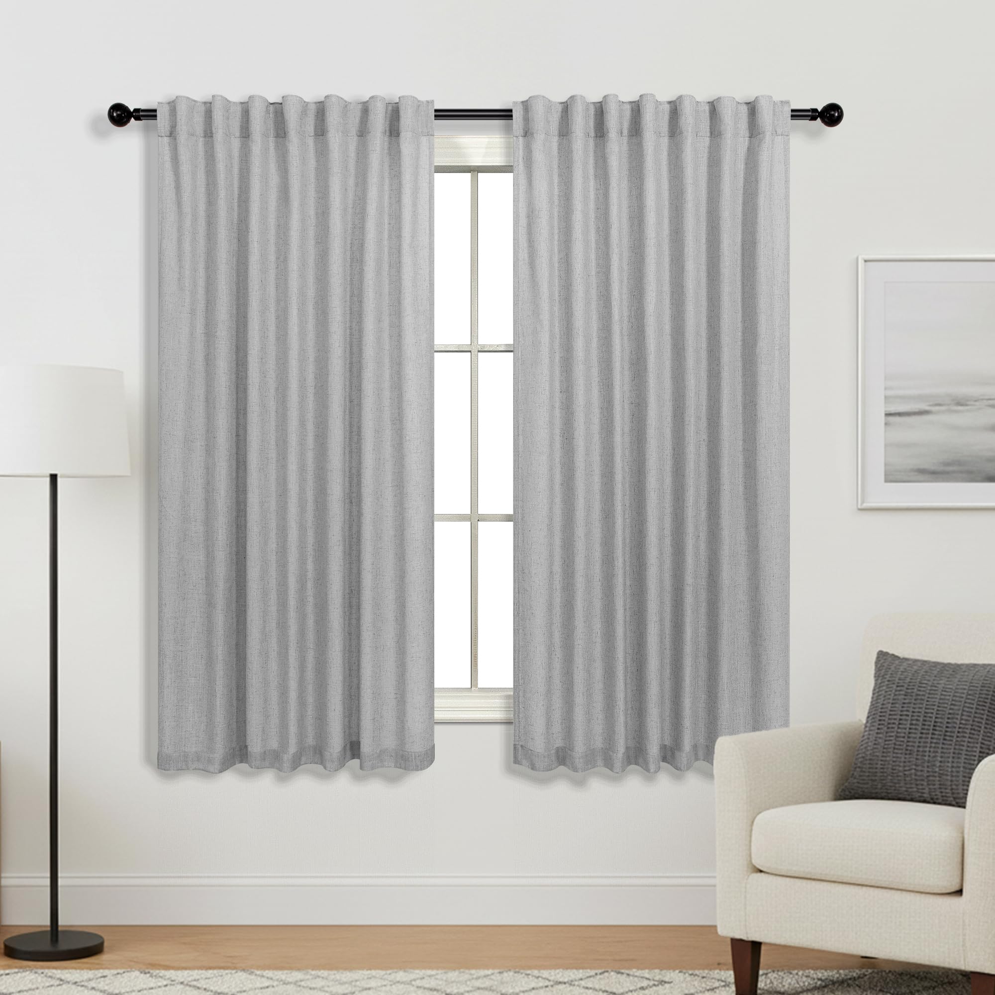 KOUFALL 45 Inch Length Short Sheer Curtains for Kitchen & Bathroom Window, Grey Modern Linen Small Curtains for Bedroom, Wide 52 x 45 in Long, Light Gray — image 1