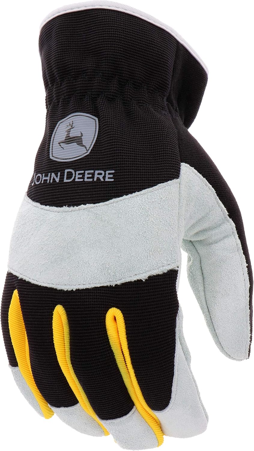 John Deere Split Cowhide Palm Gloves – Yellow/Grey/Black, Large Spandex Back Gloves with Shirred Elastic Wrists