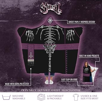 Ghost Papa V Wearable Robe Blanket, Officially Licensed Band Merchandise, Soft Fleece Hooded Lounge Robe for Adults, Halloween Costume, Black & Purple