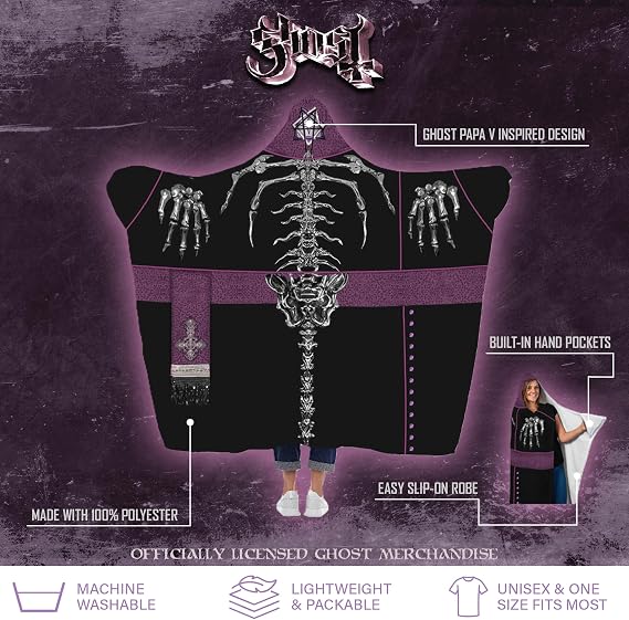 Ghost Papa V Wearable Robe Blanket, Officially Licensed Band Merchandise, Soft Fleece Hooded Lounge Robe for Adults, Halloween Costume, Black & Purple