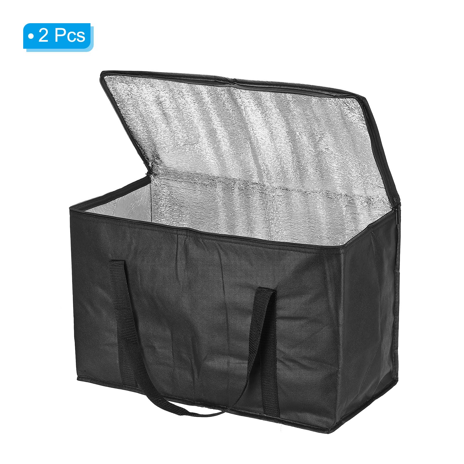 PATIKIL 20.1"x10"x13" Térmica Reutilizable Comestibles Bolsa, 2 Paquete Comida Reperto Aislada Enfriador Mano Bolsa con Cremallera Plegable para Caliente Frío Transporte Compras, Negro