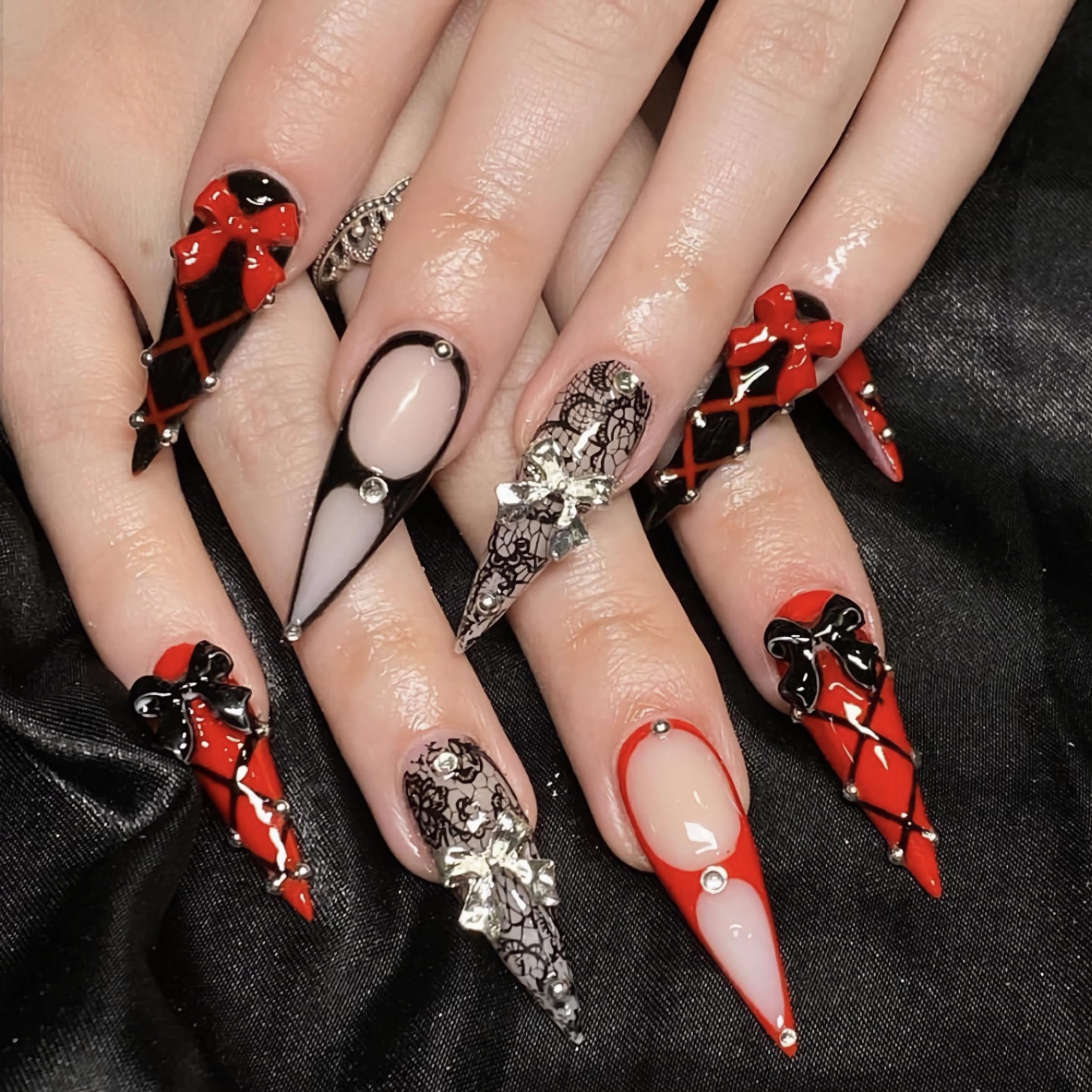 MERVF Long Stiletto Press on Nails Goth Fake Nails Red Black Glue ons 3D Bow with Rhinestones Charms Design Almond Acrylic Goth Gyaru False Nail for Women Glossy 24pcs