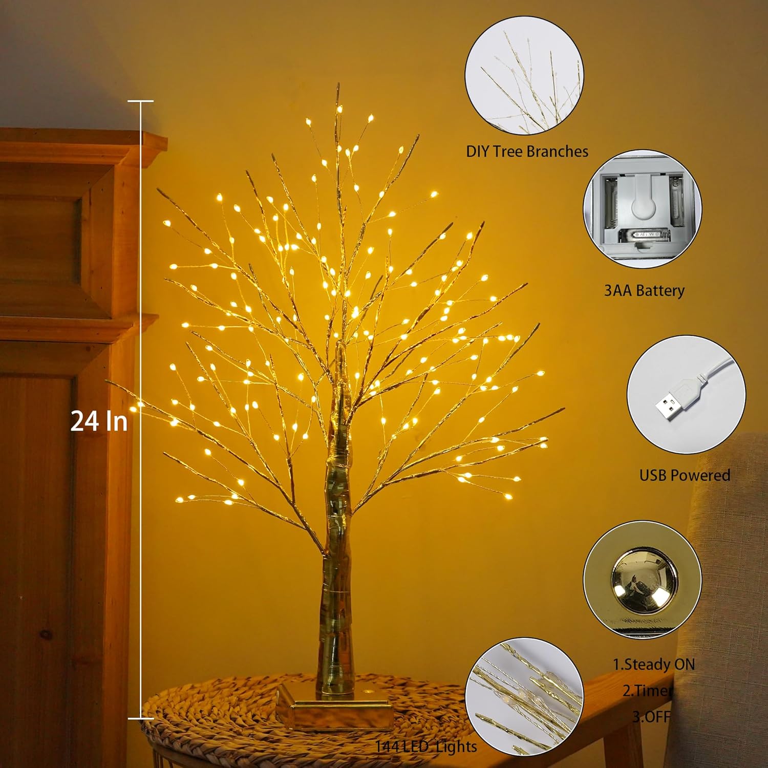 144 LED Artificial Tree Lamp with Timer, DIY Birch Tree with LED Lights, Lighted up Tree Lamp USB/3 AA Battery Powered, Fairy Light Spirit Tree for Table Home Wedding Bedroom Christmas (Gold) - Image 5
