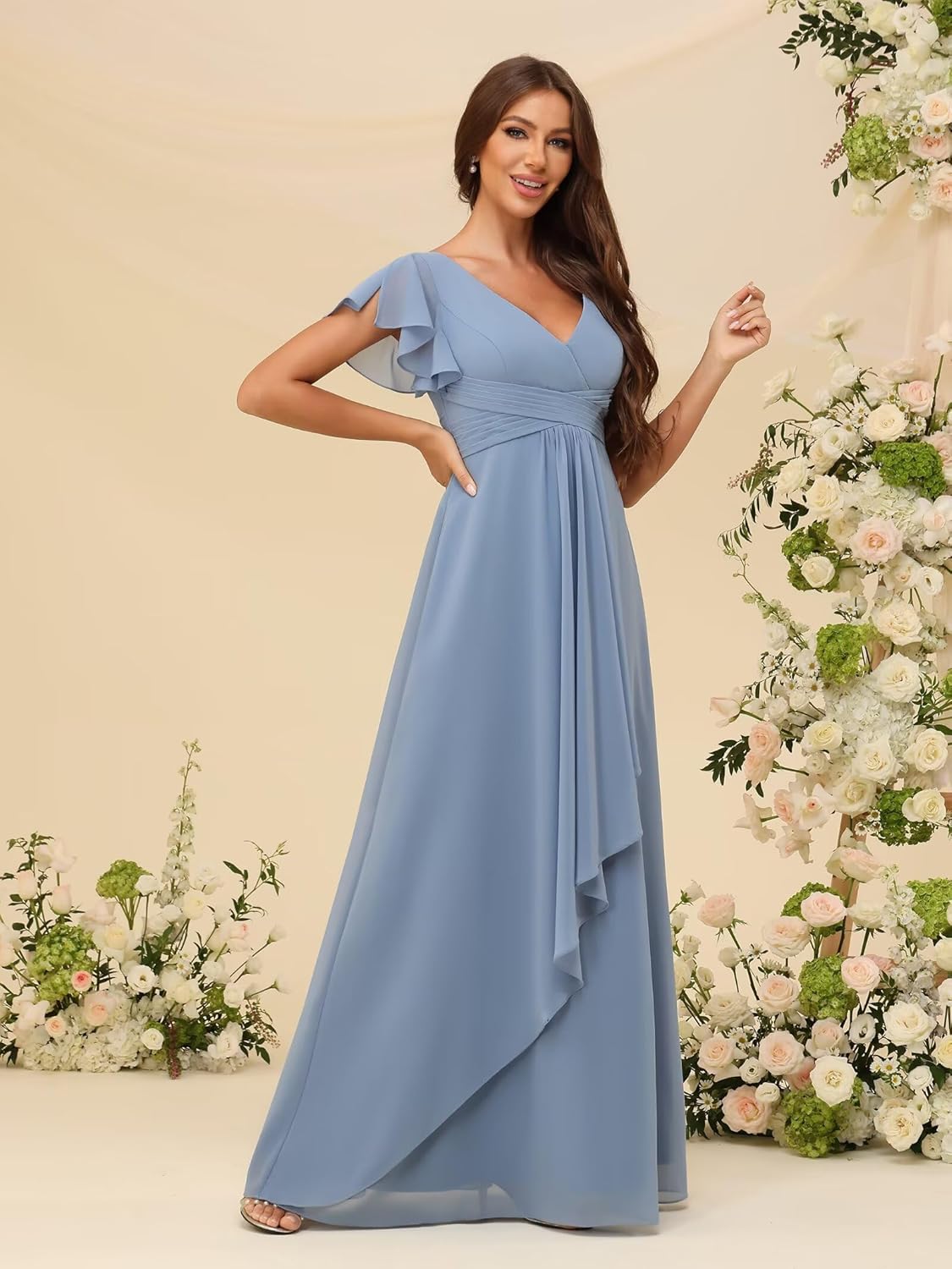 Short Sleeves Bridesmaid Dresses with Pleated Chiffon V Neck Ruffles A Line Formal Evening Dresses for Women