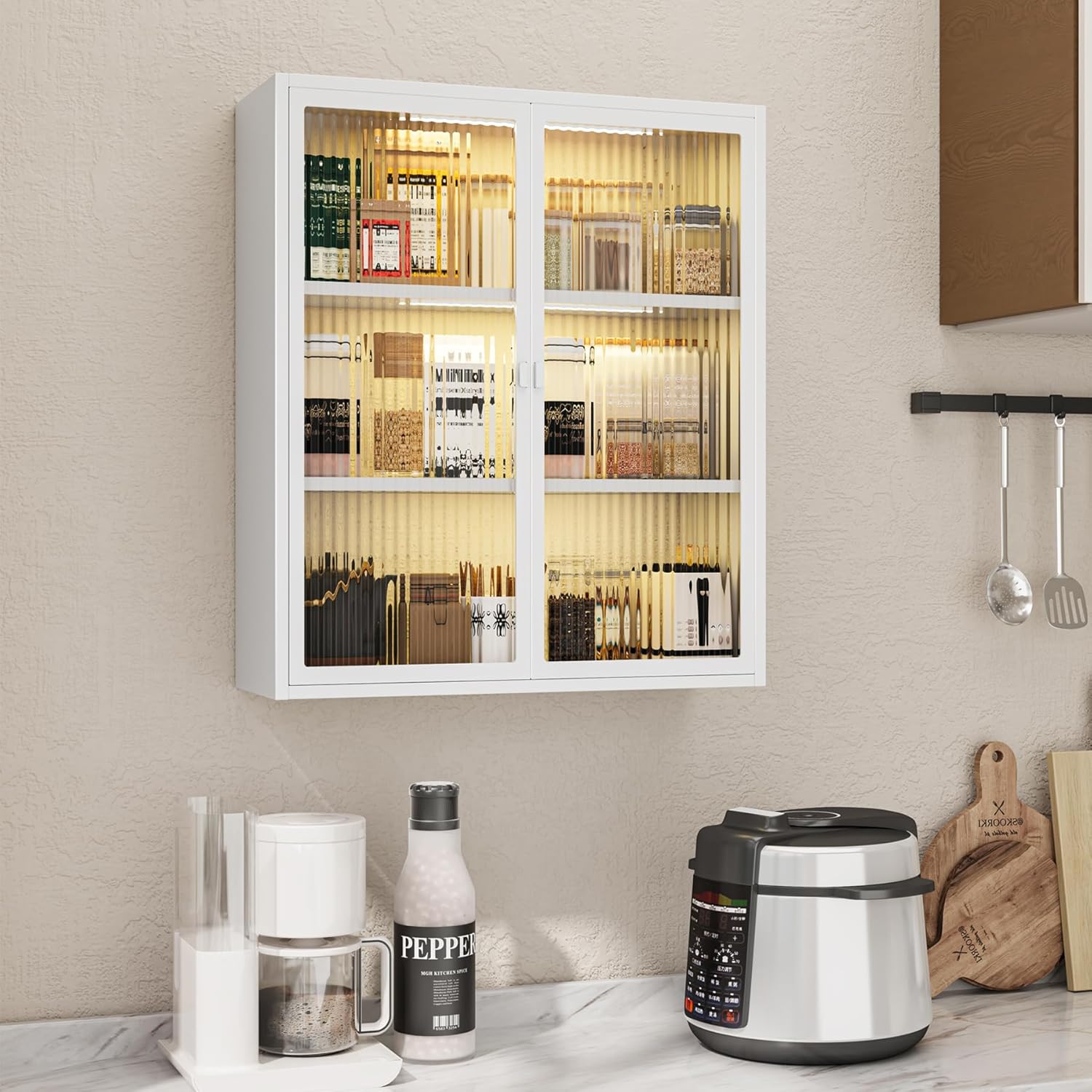 Medicine Cabinet with Fluted Glass Doors, Over Toilet Storage Cabinet with Sensor Light, Bathroom Wall Mounted Metal Organizer for Bathroom and Laundry Room (Full Glass Door)