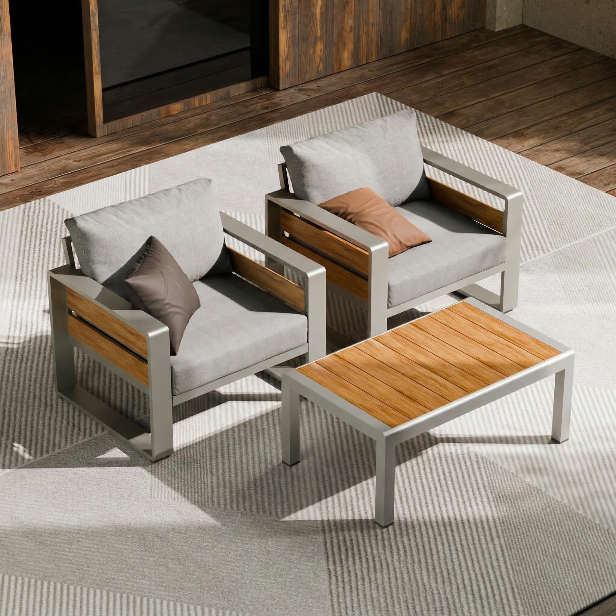 ZANDOR Aluminum Outdoor Patio Furniture-Armchair with Table,Sliver