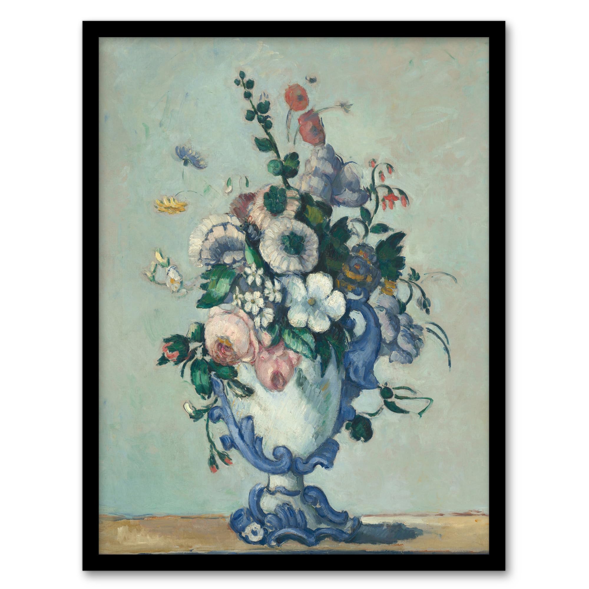 Artery8 Framed Wall Art Print - Flowers in a Rococo Vase - Blue - W12" x H16"
