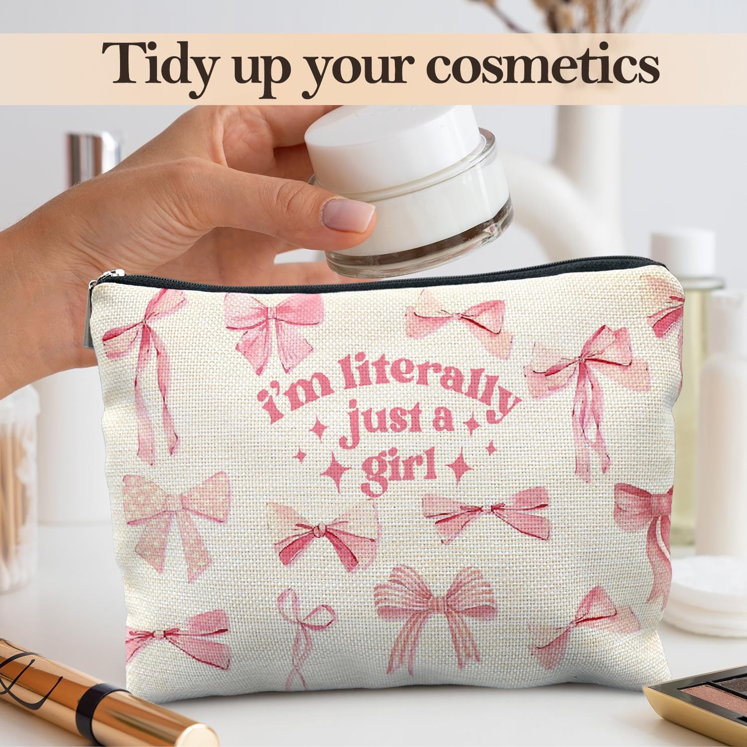 Coquette Pink Bow Makeup Bag, Preppy Bow Cosmetic Bags for Women, Girly Pink Makeup Pouch, Coquette Stuff, Trendy Preppy Bowknot Zipper Pouch image 4