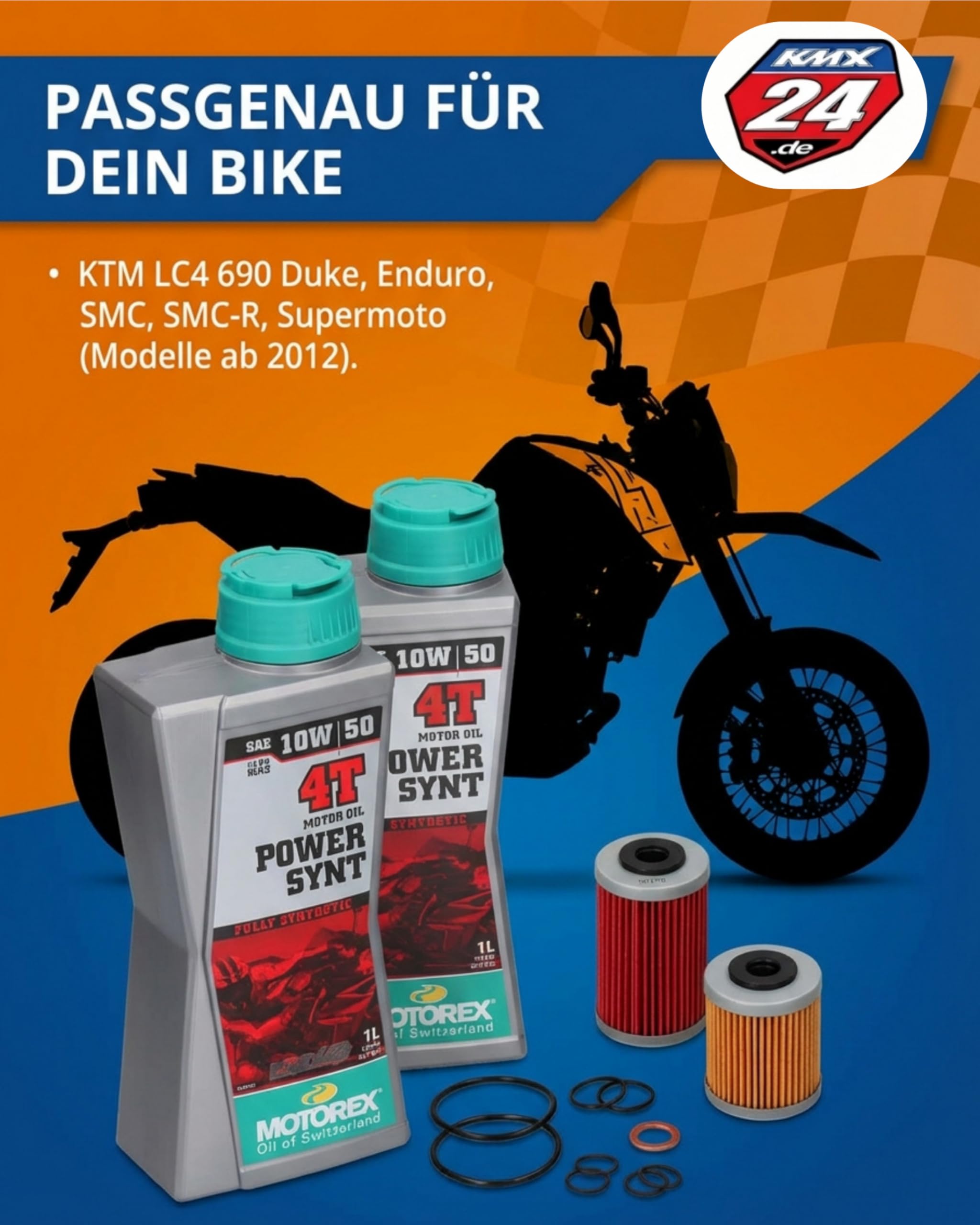 Ölwechsel Set – passt an KTM LC4 690 Duke Enduro SMC SMC-R Supermoto – Modelle ab 2012 – Motorex PowerSynt 4T 10W50 – Ölfilter Kit – Service Set
