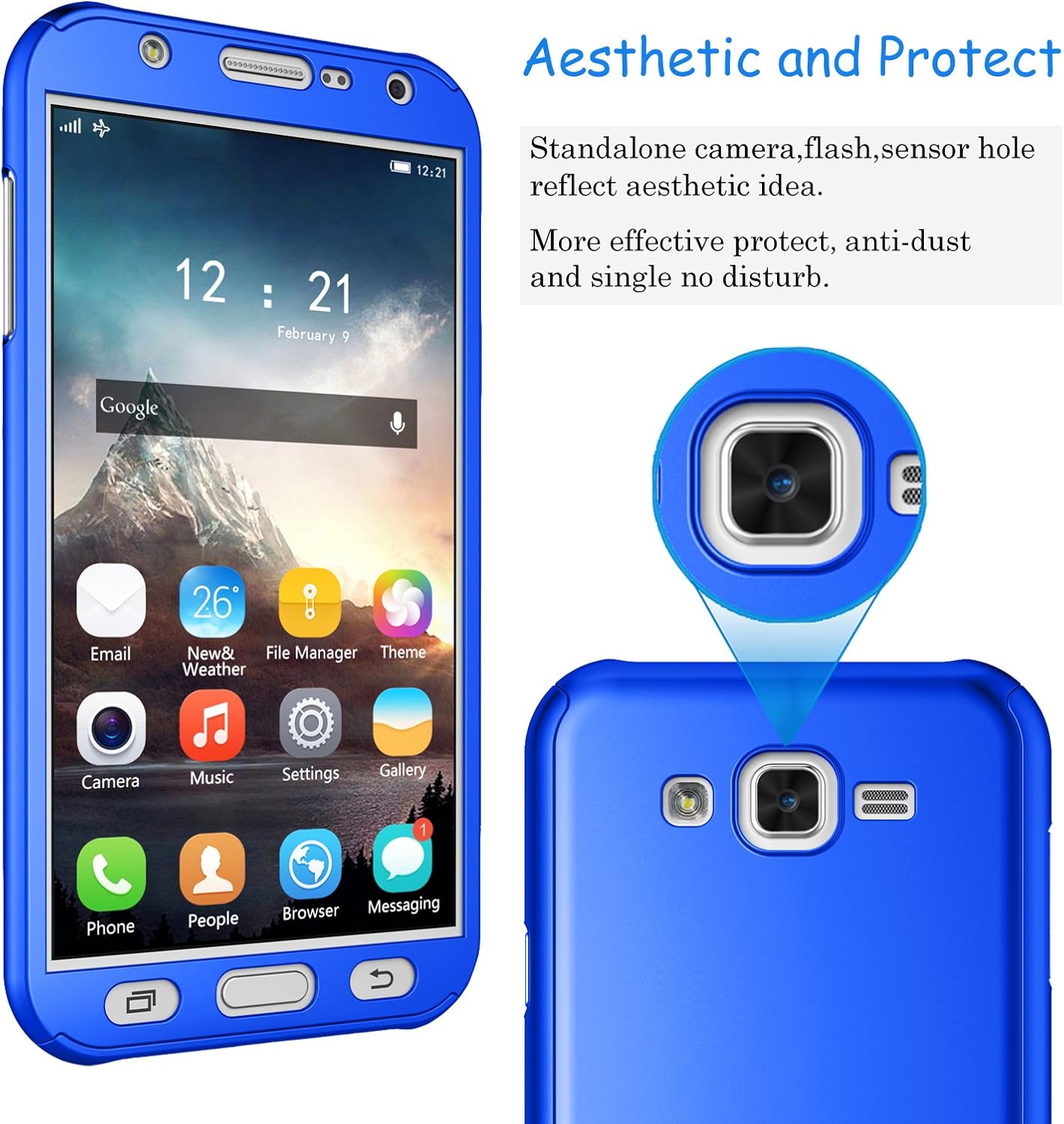 Tekcoo for Galaxy J7 Case, [T360 HY] Ultra Thin Full Body Coverage Protection Scratch Proof Hard Slim Hybrid Cover Shell with Tempered Glass Screen Protector for Samsung Galaxy J7 SM-J7008 [Blue]