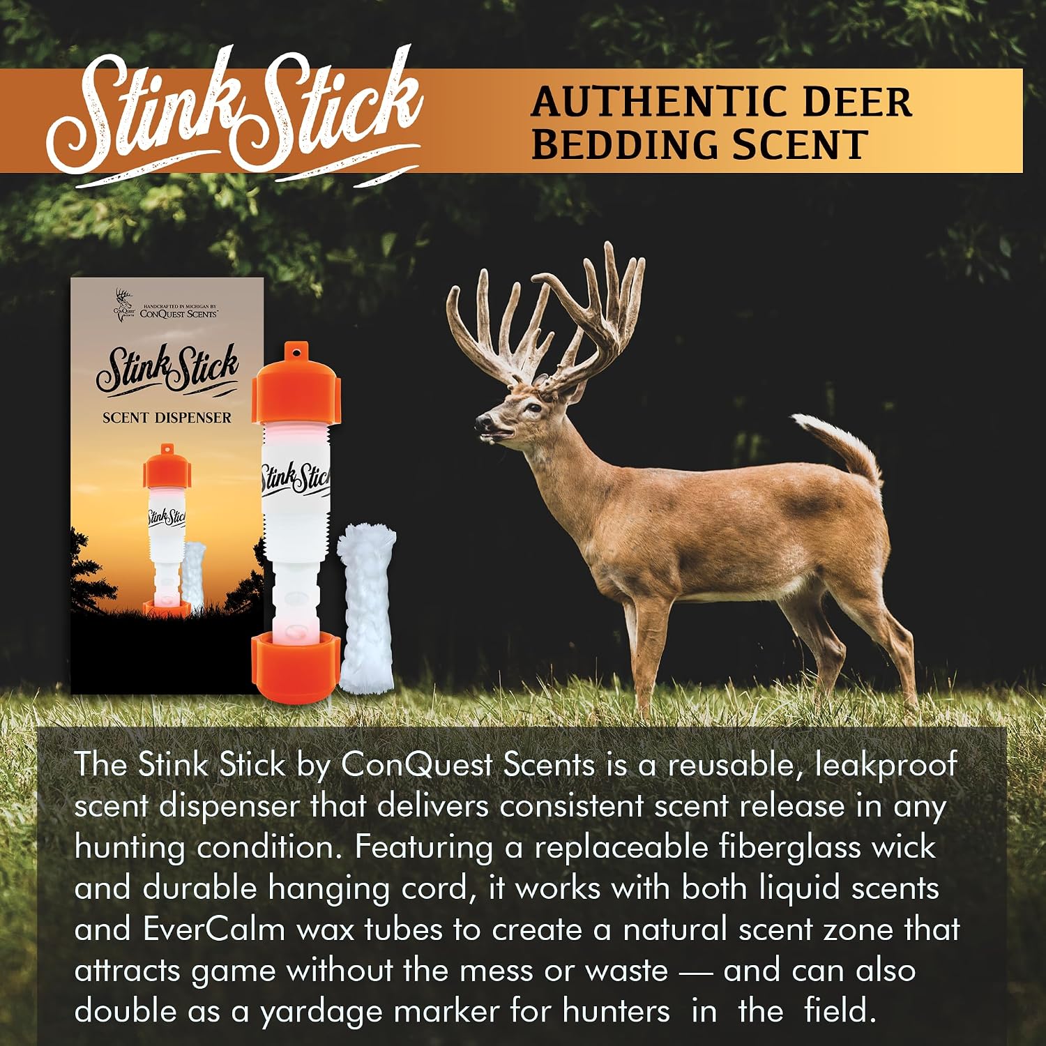 Conquest Scents Orange Stink Stick, Reusable Scent Dispenser with Wick | Scent Dispenser with Fiberglass Wick for Hunting Scents or Wax Tubes, Yardage Marker and Hanging Scent Tool, Leakproof Design