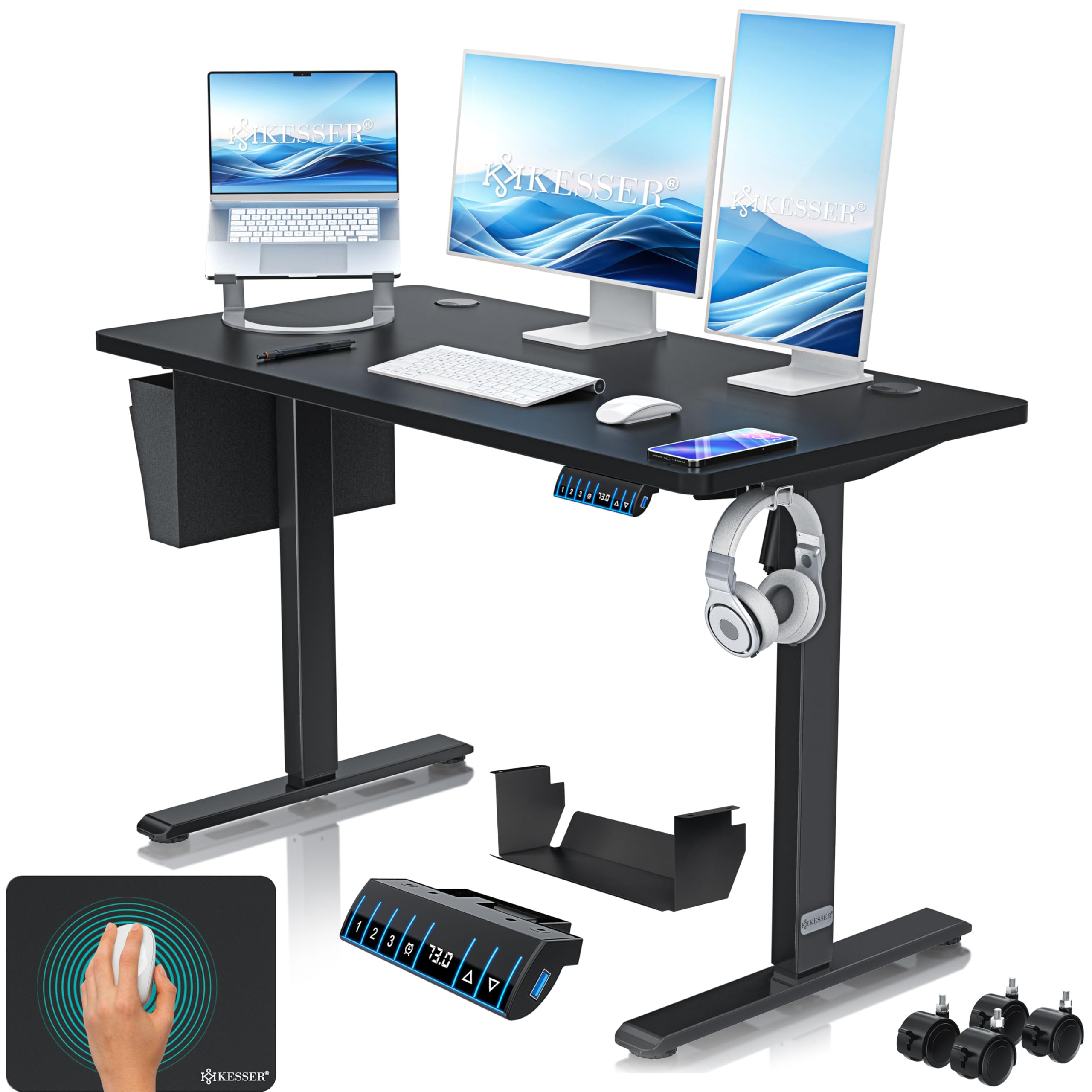 KESSER® Escritorio eléctrico Regulable en Altura, Escritorio Ergonómico de Bipedestación, Control de Memoria de 3 Funciones, Incl. Ruedas de 360° y Puerto de Carga USB, 120x60 cm - Negro