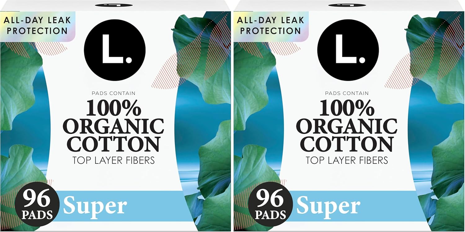 L. Ultra Thin Pads for Women, Super Absorbency, Organic Cotton Top Layer, Unscented Pads with Wings, (4 Packs of 24), 96 Count (Pack of 2)