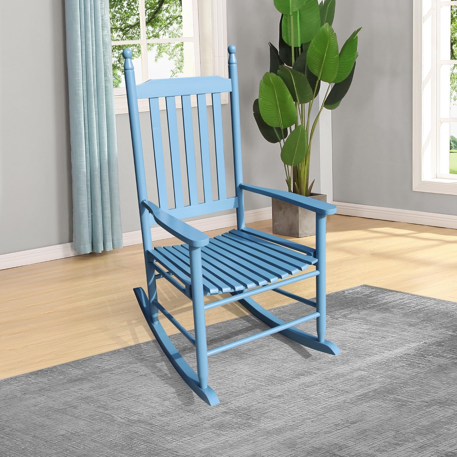 Outdoor Rocking Chairs, Solid Wood Oversized Patio Rocking Chairs, All Weather Resistant Porch Rocker, Wide Seat &amp; Slatted Back Porch Rockers for Outside, 250LBS Capacity, Blue