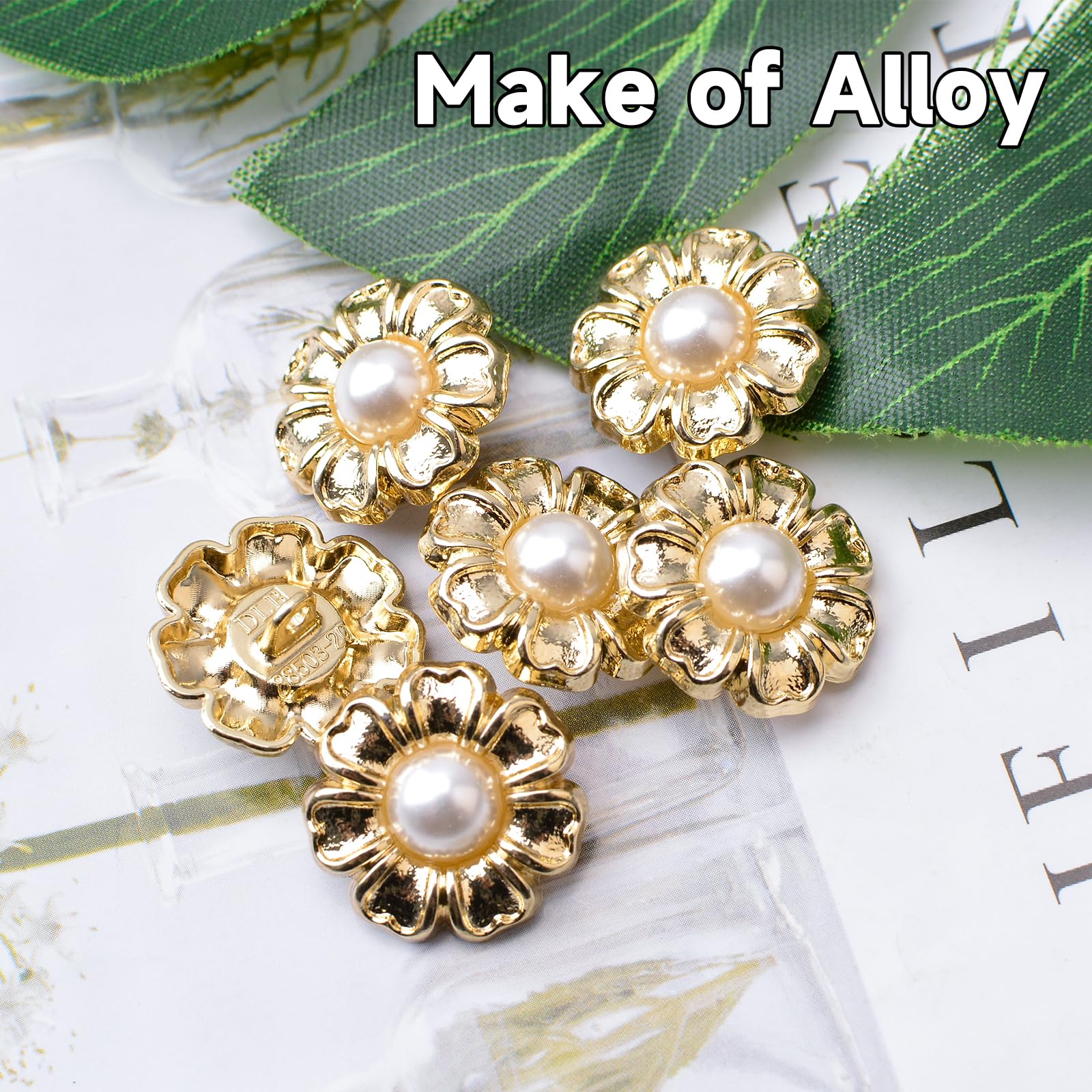 URROMA 30Pcs Faux Pearl Buttons, Gold Alloy Floral Pendants Retro Vintage Pearl or DIY Jewelry Making Clothes and Wedding Crafts - Image 3