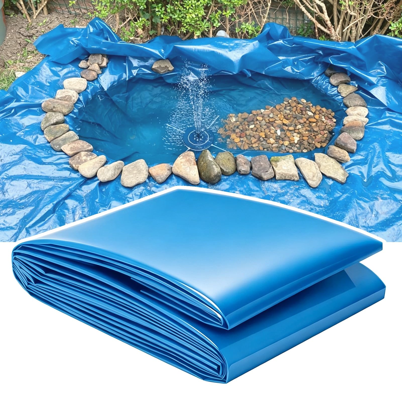 Hamankim Weather Resistant HDPE Pond Liner - 5x6m 6x9m 7x12m 10x15m Underlay Impermeable Ponds Membrane for Koi, Fountains and Artificial Lake - Blue Reinforced Pond Lining(6x7m(19.7x23ft))
