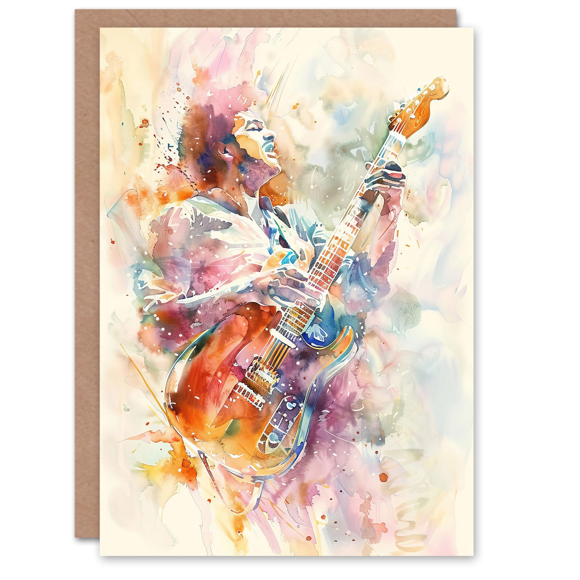 Artery8 Greeting Card Colourful Watercolour Electric Guitar Musician Blank For All Him Or Her Art Birthday Card