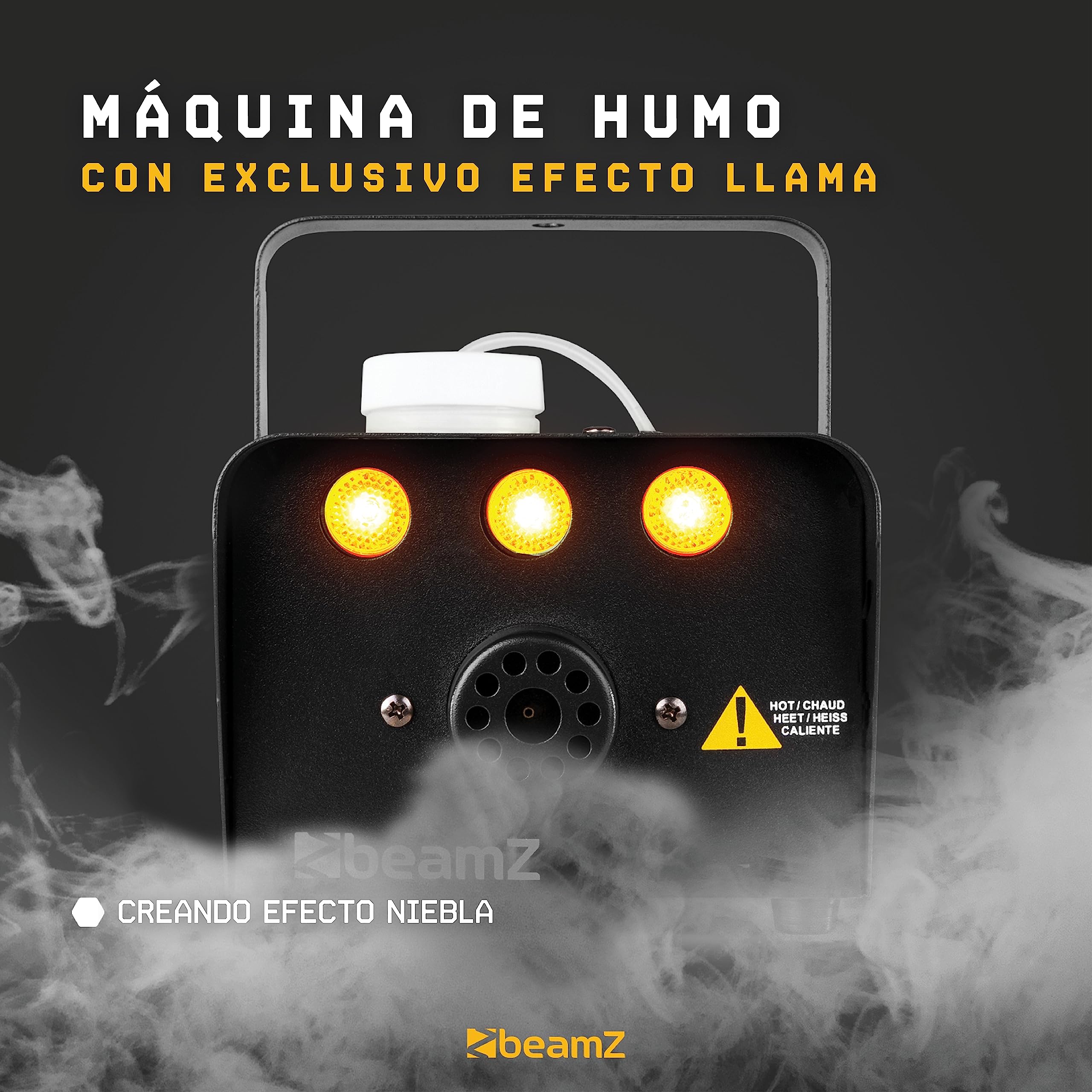 Beamz S-700-LED - Máquina de humo con leds ámbar para generar efecto fuego, 700w, genera 75m3 de humo por minuto, mando a distancia con cable de 3m, calentamiento rápido, perfecto para eventos