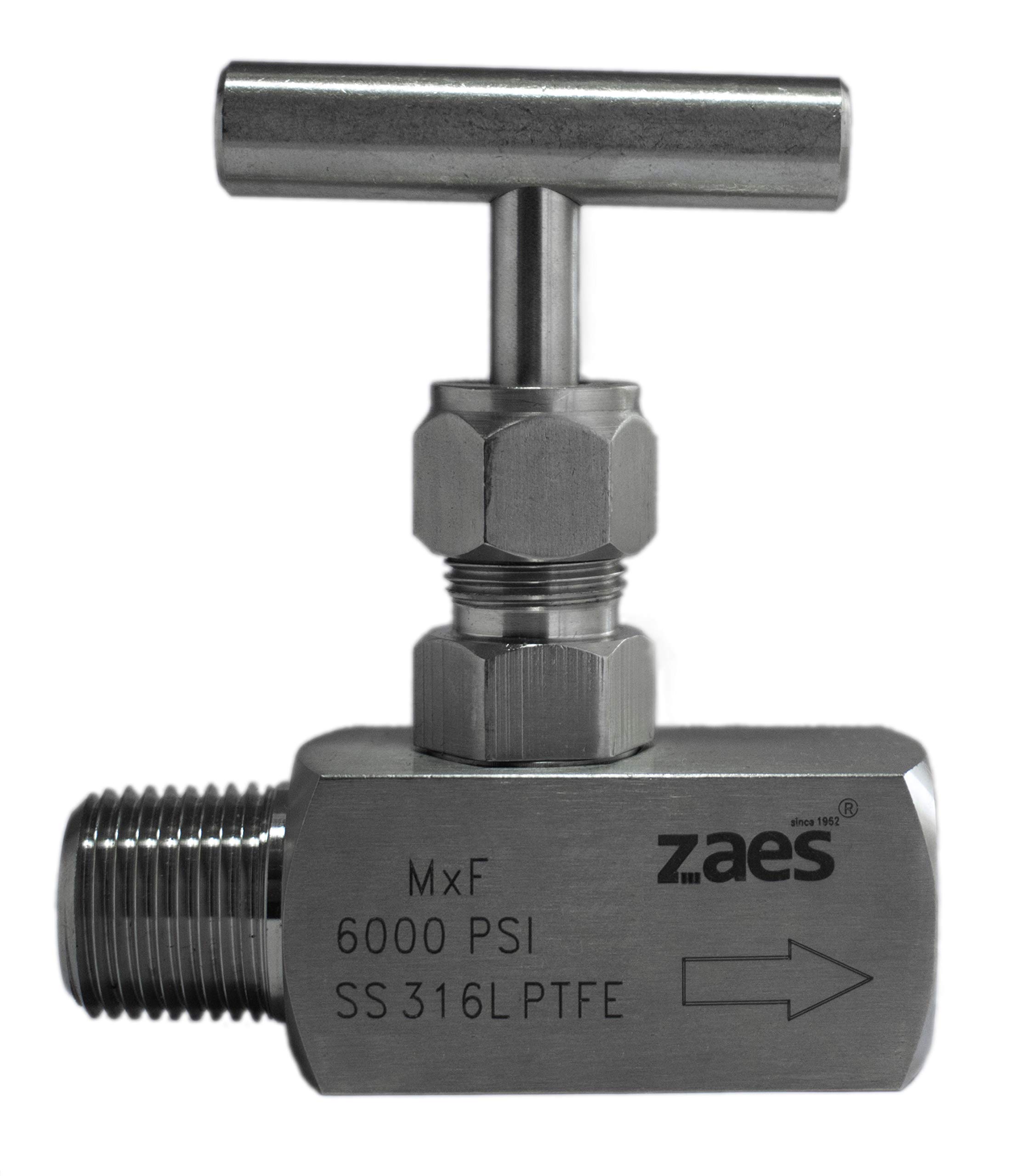 ZAES - Valvola a spillo 1/2 "BSP Maschio - Femmina Acciaio Inox AISI 316L PTFE 6000 PSI (413 Bar) alta pressione, valvola di intercettazione con filettatura interna, valvola di regolazione