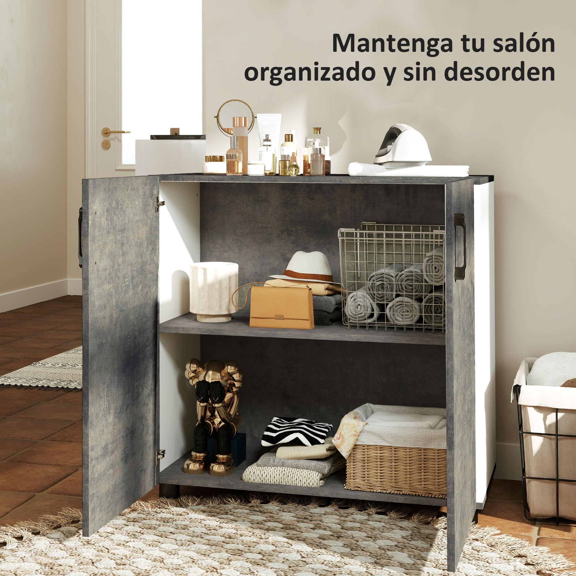 HOMCOM Aparador de 2 Puertas de Cierre Suave Aparador de Salón con Estante Mueble Auxiliar para Cocina Dormitorio Entrada 80x37x80 cm Gris Cemento y Blanco Brillo