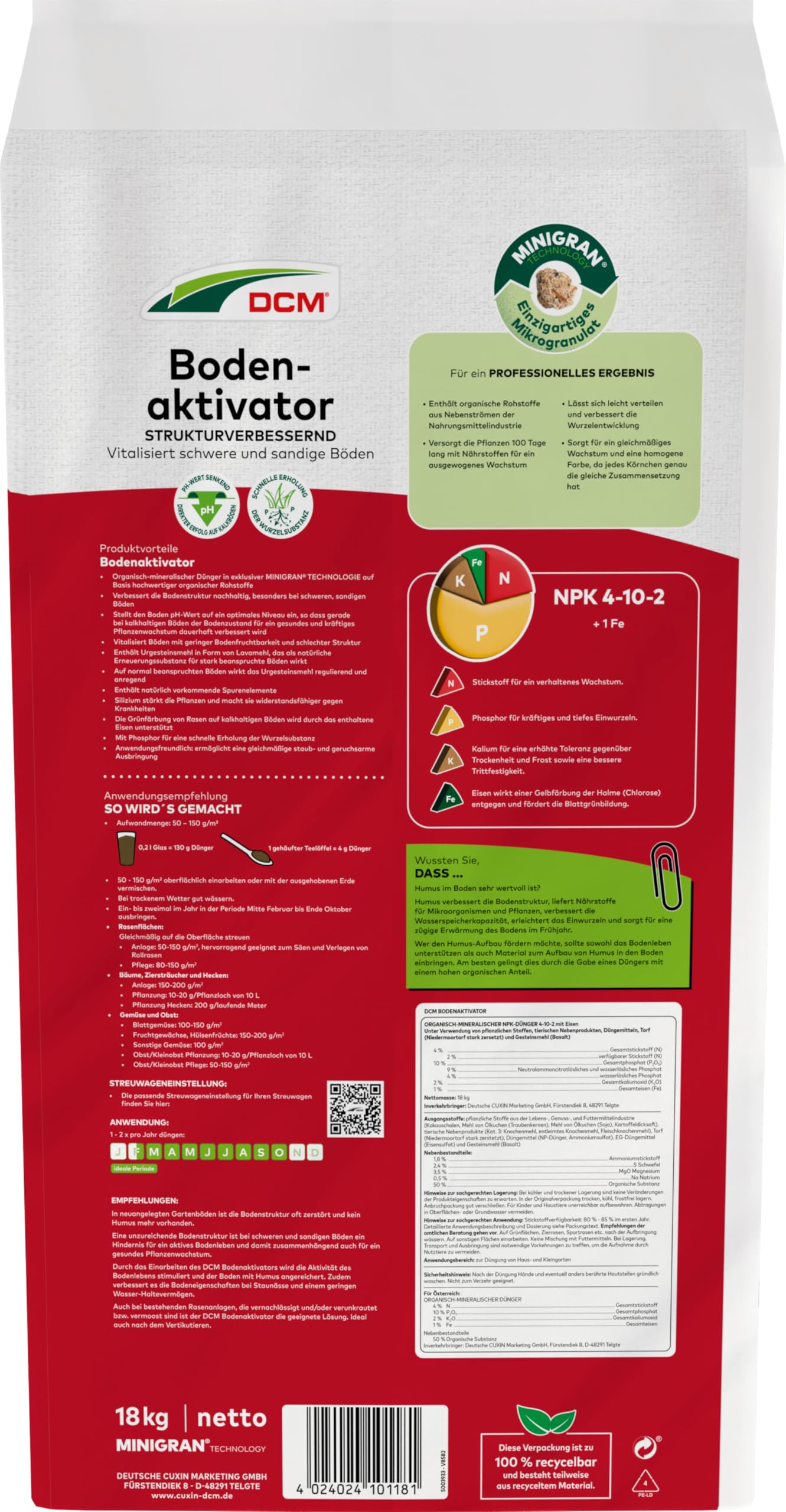DCM Bodenaktivator - Bodenverbesserer - Mit MINIGRAN® TECHNOLOGY - Vertikutieren - organischer NPK-Dünger - 18 KG für 360qm