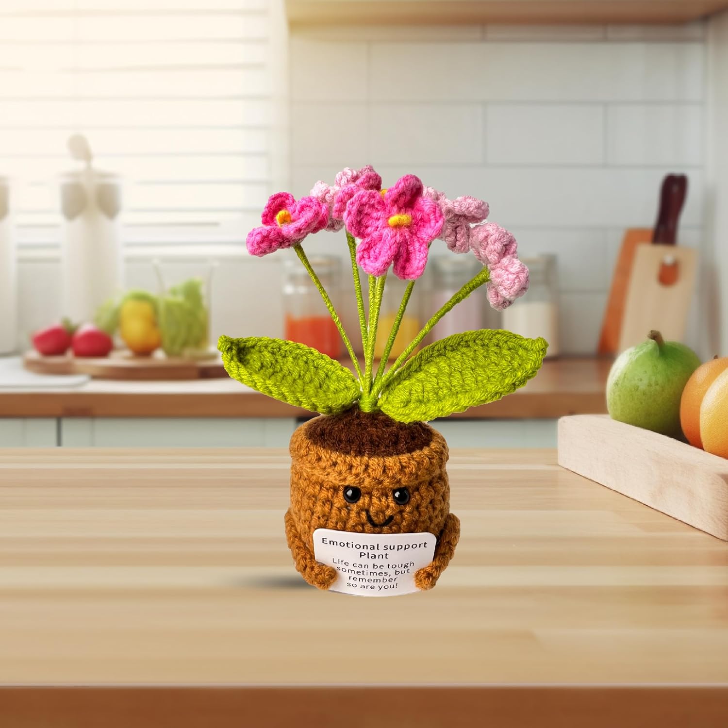 Emotional Support Crochet Flower in Pot,Uplifting Handmade Knitted Plush Plant with Positive Affirmation Card,Cheerful Gift for Office Desk Decor,Home,Car(Pink Forget-Me-Not) - Image 4