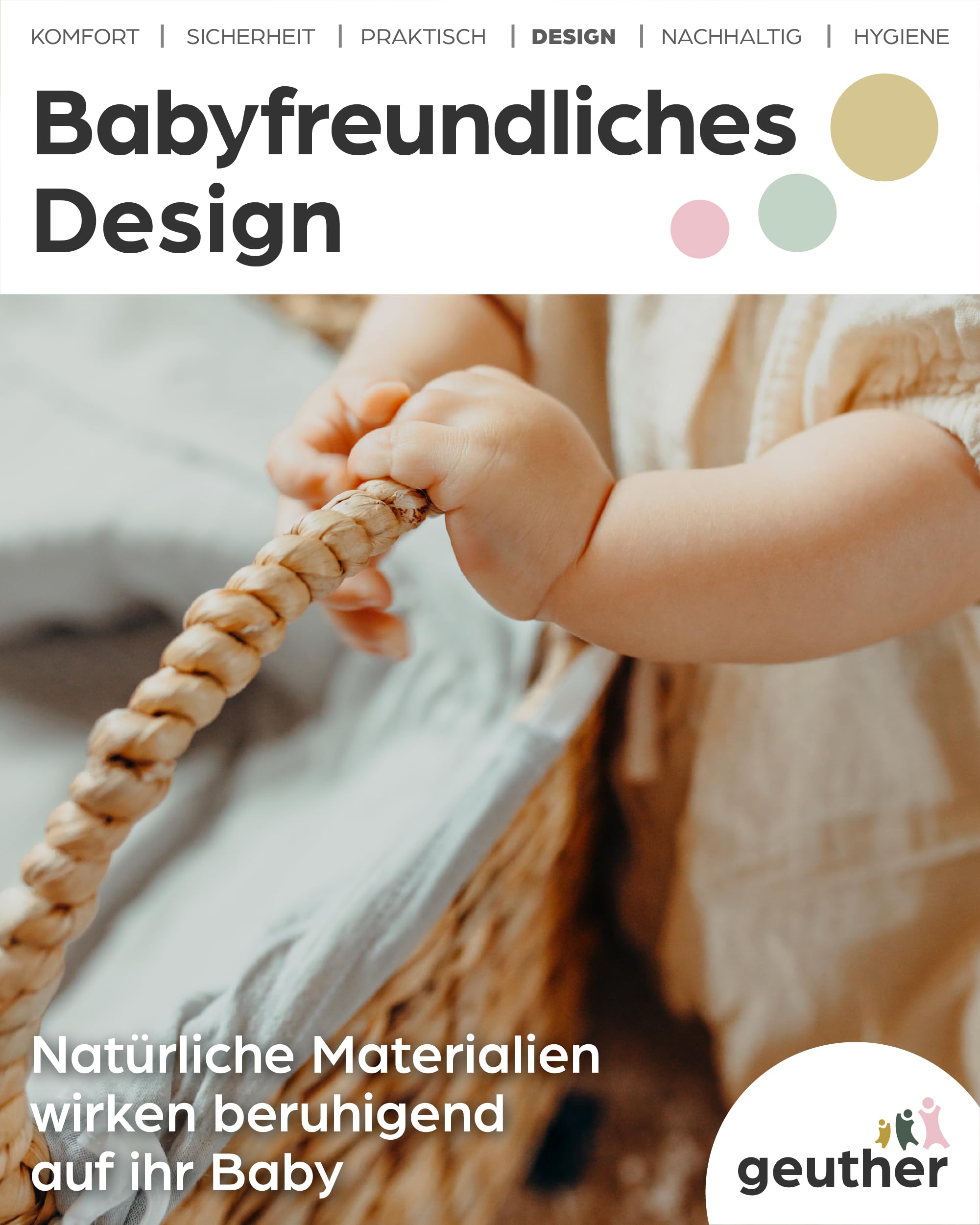 Geuther Moses Korb klein | Babynest mit Tragegriff | Babynestchen Neugeborene mit Matratze & Baumwollbezug | Mobiles Babybett | Nachhaltig & langlebig | Nestchen Baby | Moseskorb Baby in Beige