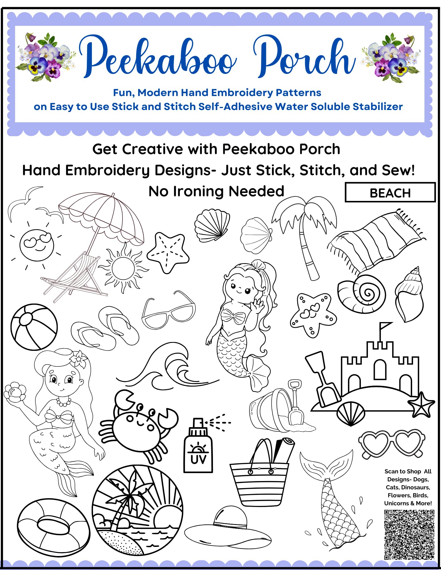 Mermaid Beach Water Soluble Embroidery Patterns on Sulky Water Soluble Stabilizer for Hand Embroidery Projects