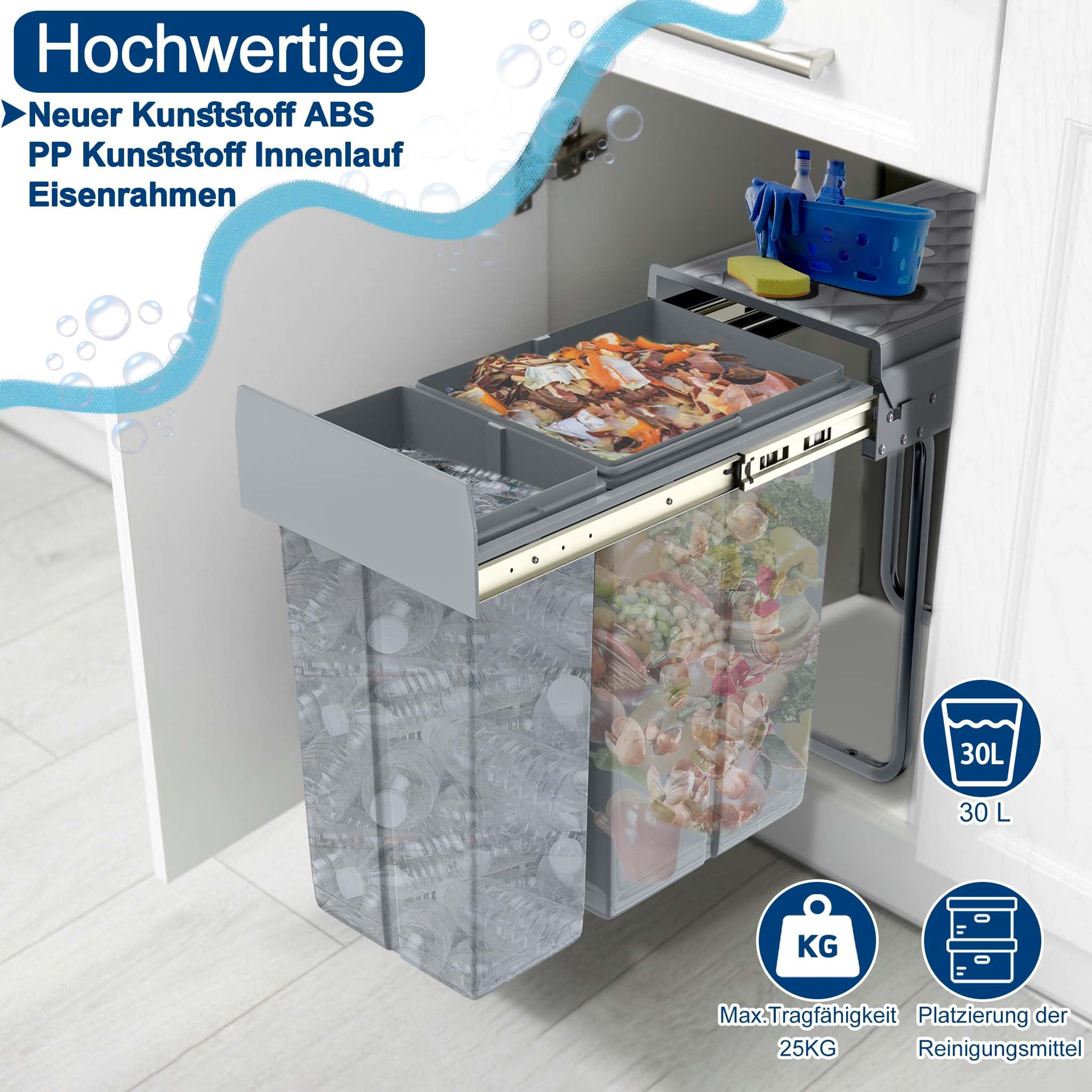 LILIIN Eingebauter Küchenmülleimerschrank Mülleimer Küchenabfalleimer Unterschrank Ausziehbarer Abfallsammler Mülltrennsystem mit Teleskopschienen Grau (1x20L+1X10L)