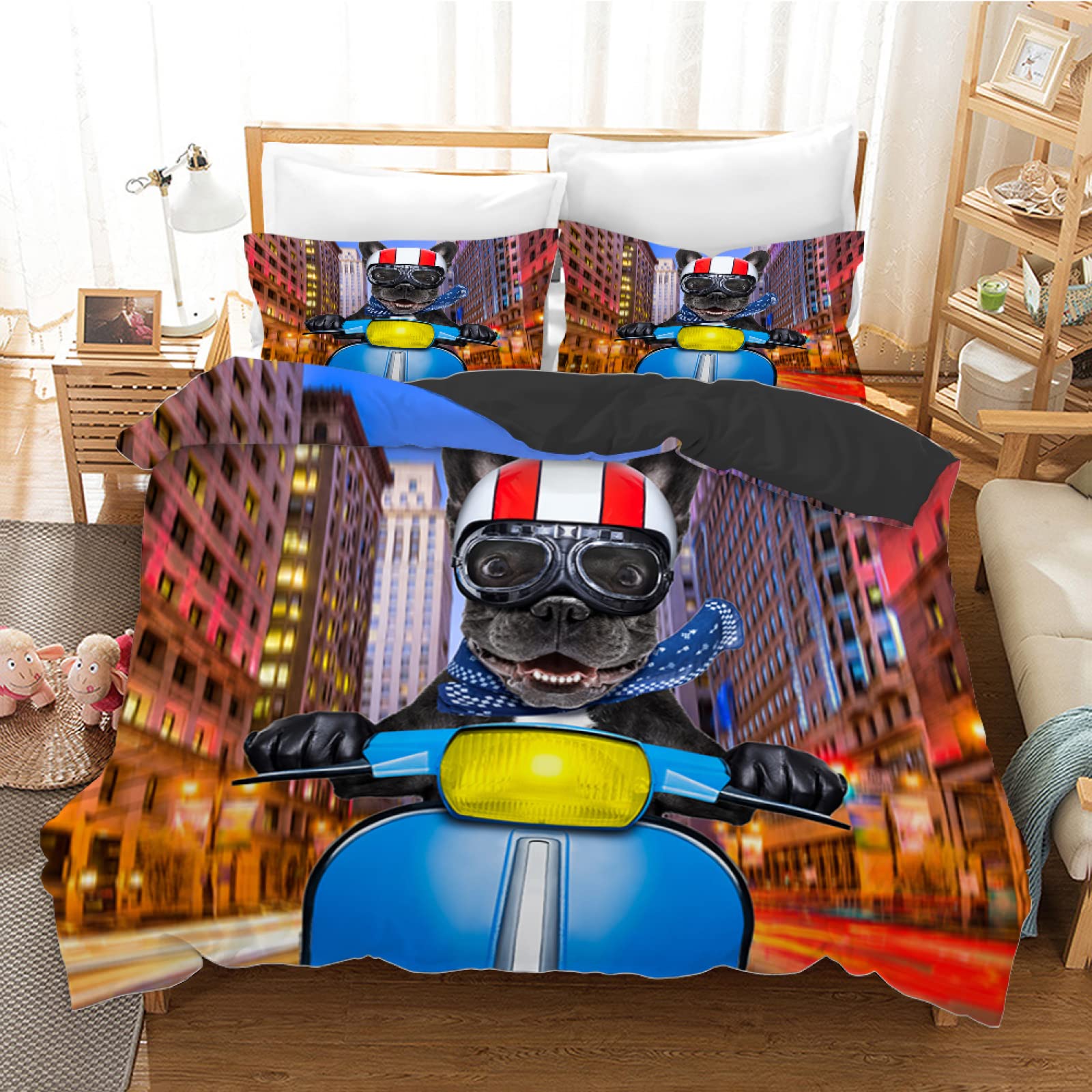 Parure de lit 90x190 pour chambre d'enfant style chien motard coloré et dynamique