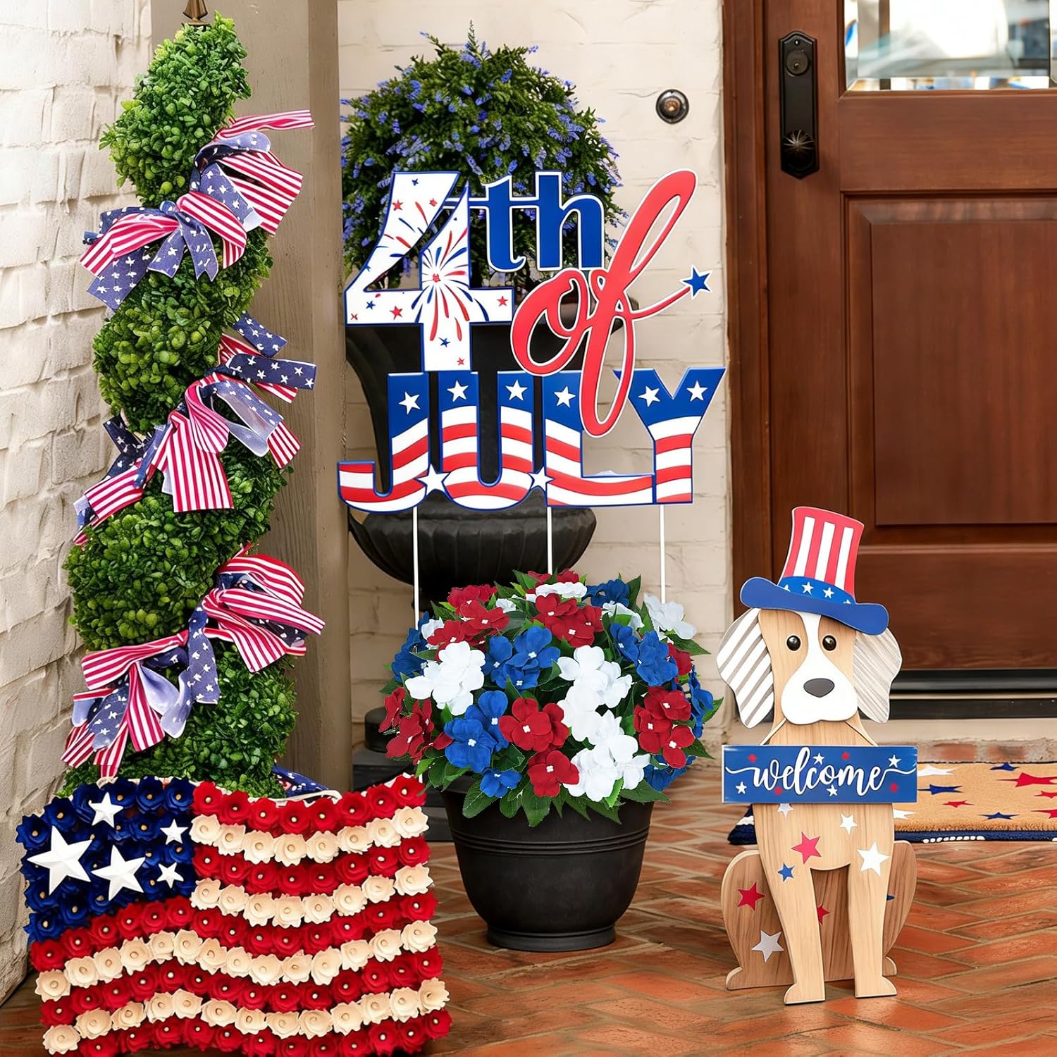 6 Bundles Red White Blue Artificial Outdoor Flowers, UV Resistant Silk Fake Impatients Bouquets Memorial Day Flowers for Cemetery Outdoor Porch Garden Decoration