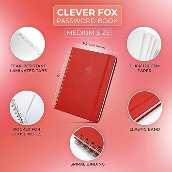 Clever Fox Password Book Keeper Notebook, Spiral-Bound Medium Red