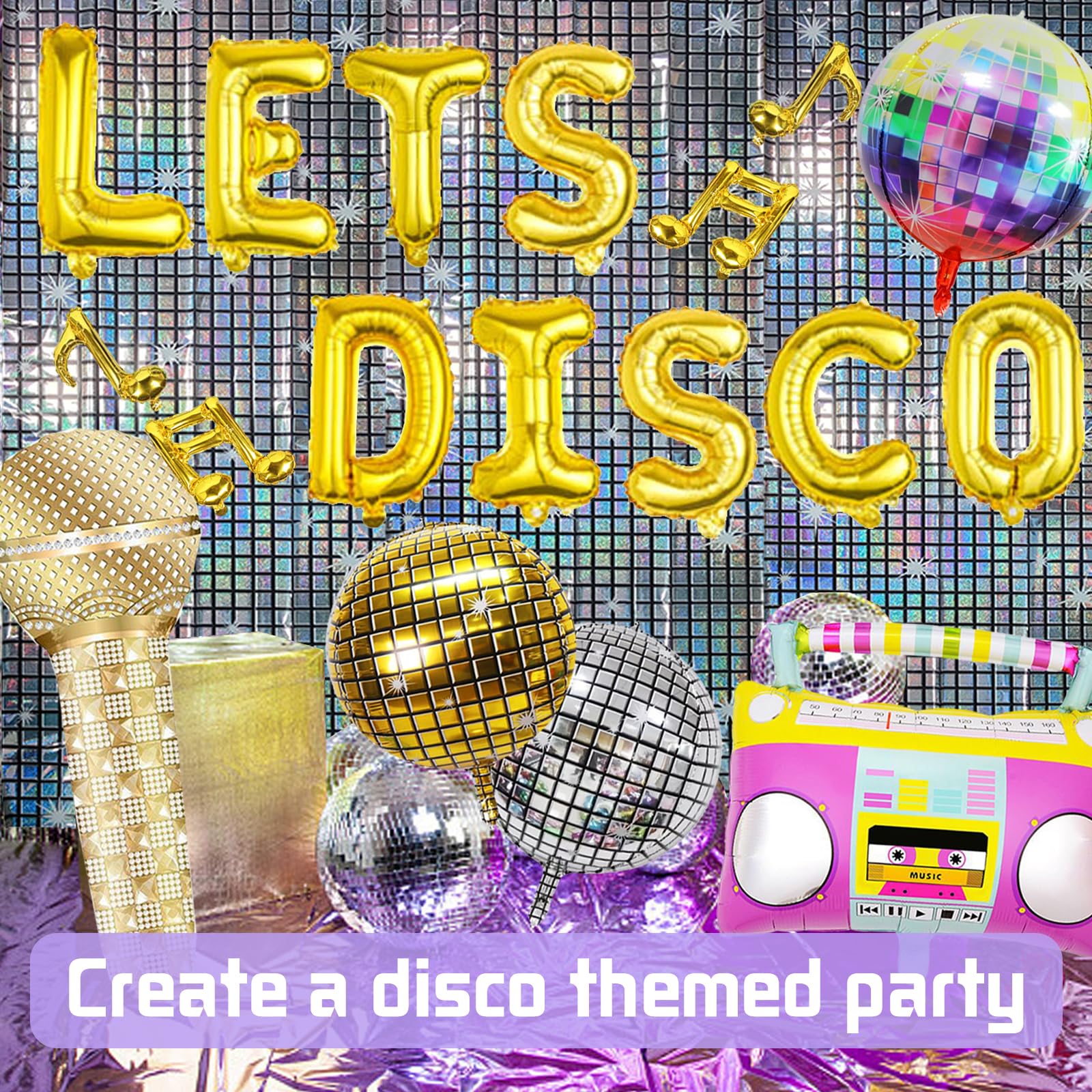YOUYIKE Disco Ball Balloons, 21 PCS 4D Disco Foil Balloons, Radio, Microphone, Metallic Glitter Curtain - Image 4